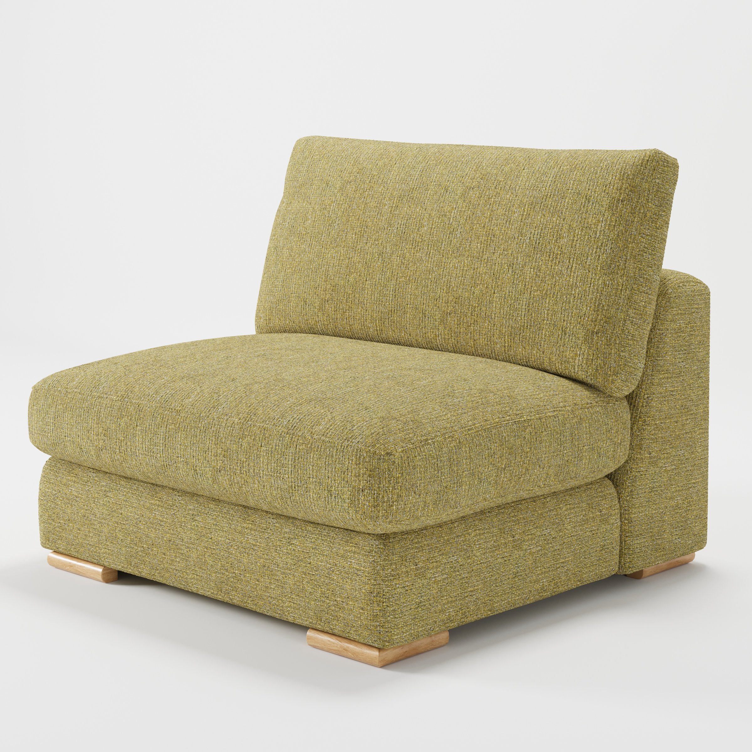 Olton single sofa unit in Heyling Tweed Sencha shown from a diagonal angle highlighting the deep seat, soft cushions and timber feet.