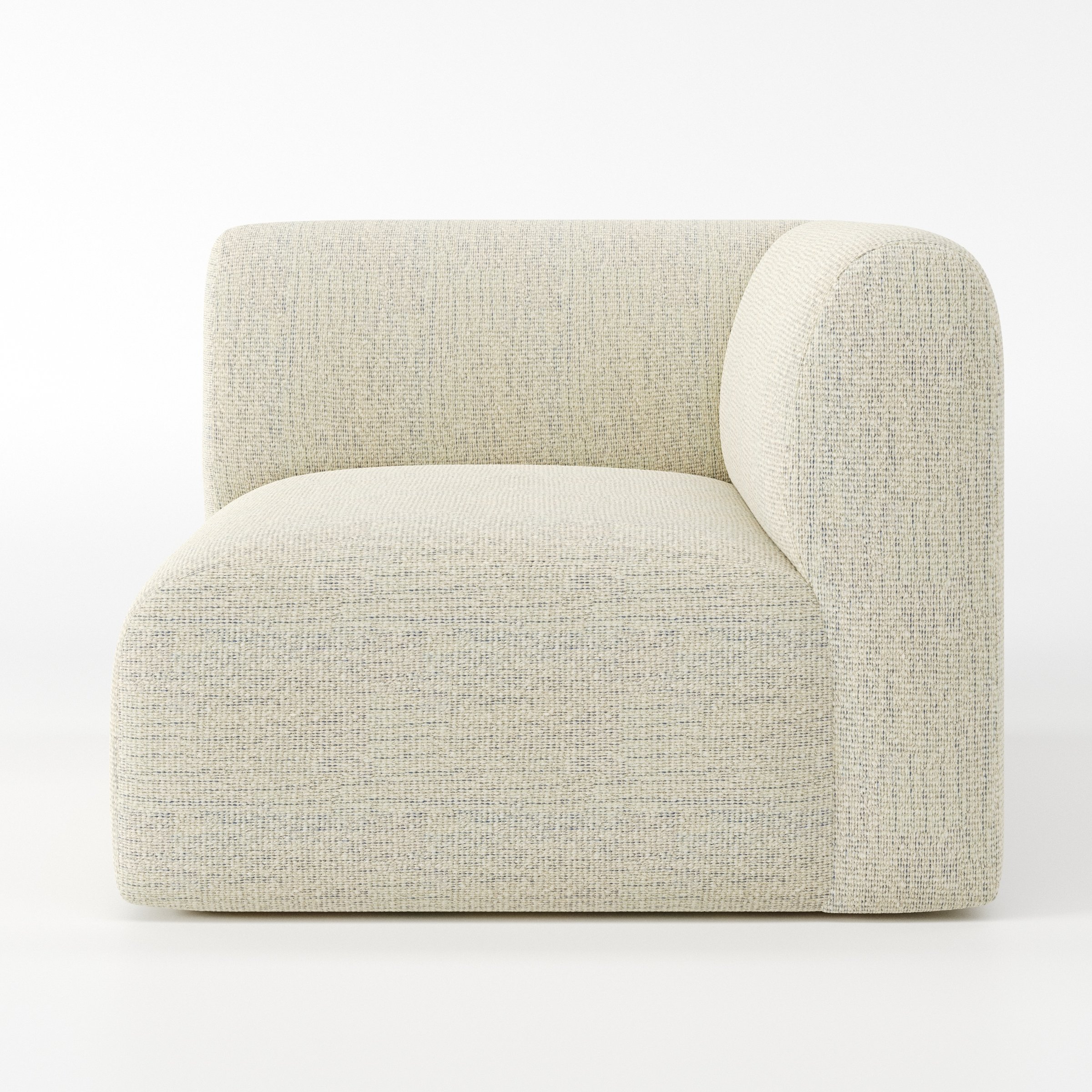 Drumquin modular sofa corner unit in Orsay Bouclé Cream and Marine shown from the right highlighting the wraparound back and soft, sculpted form.