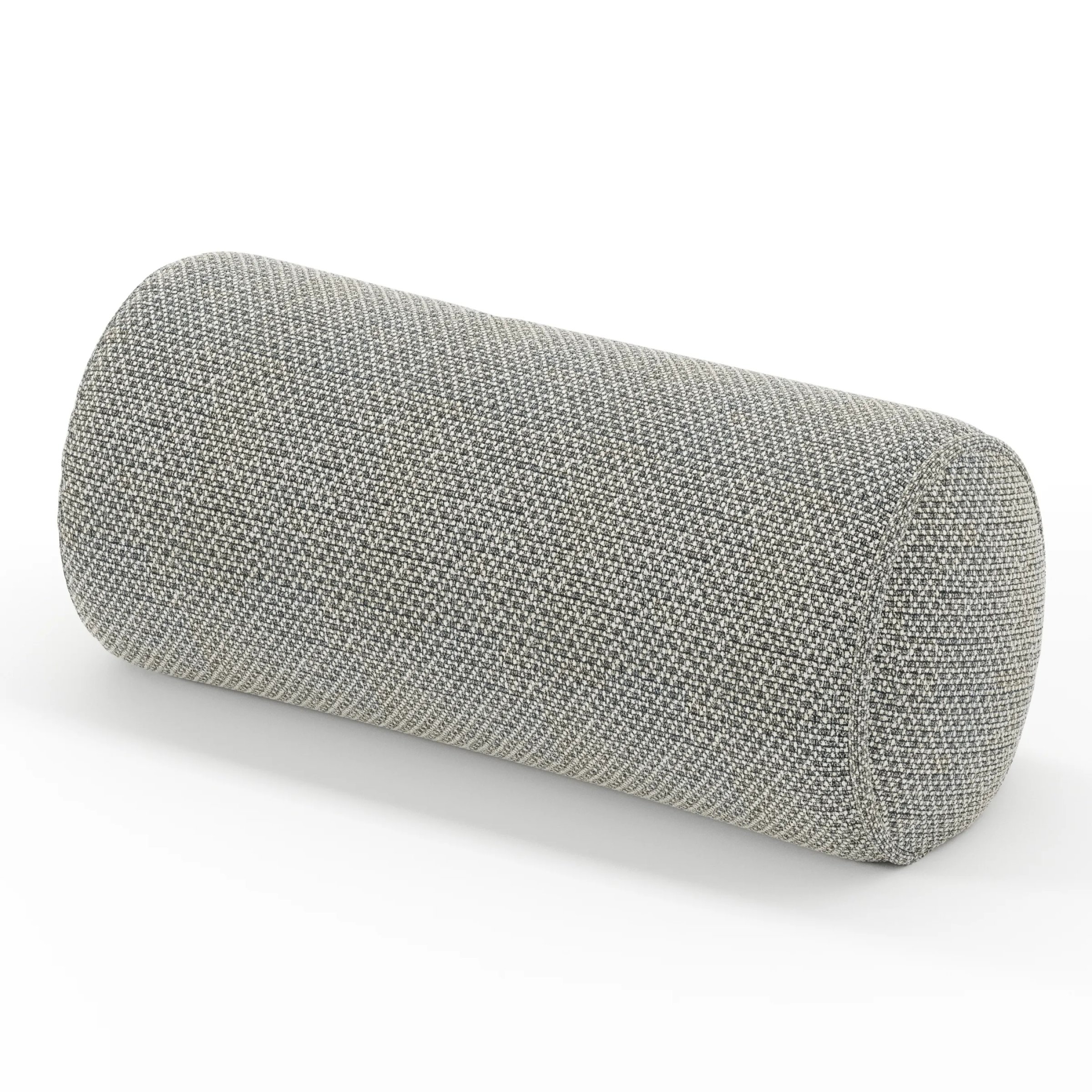 Ledger cushion in Rousay Wool Blend Tar and Chalk, cylindrical bolster cushion in speckled wool blend with dark and light contrast, size 26cm x 56cm
