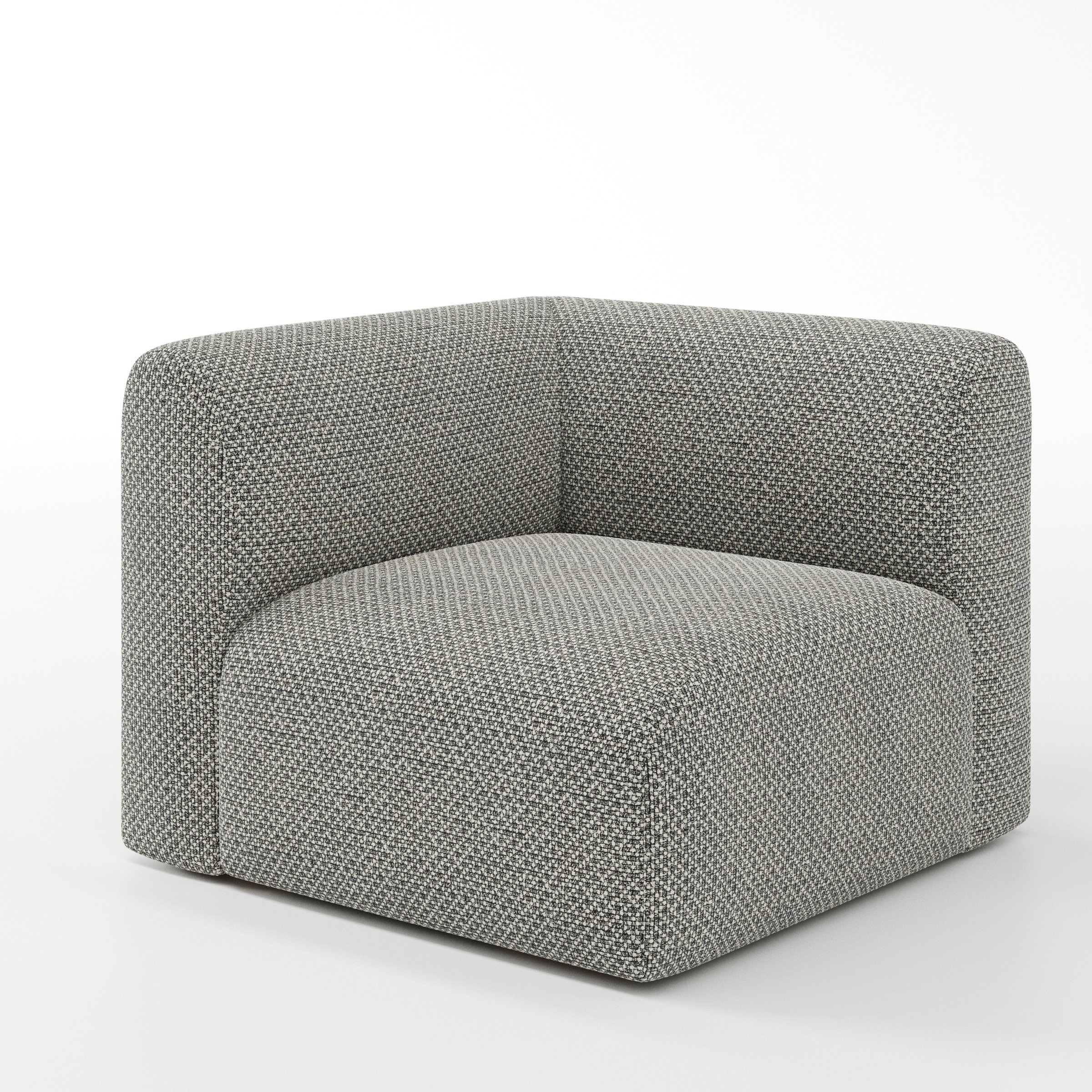 Drumquin modular sofa corner unit in Rousay Wool Blend Tar and Chalk shown at a diagonal angle highlighting the curved corner backrest and deep, enveloping seat.