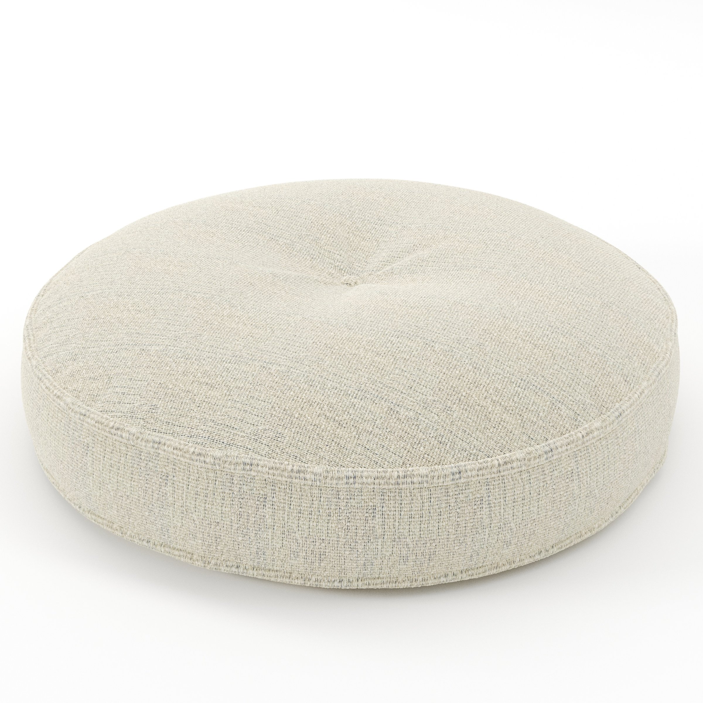 Cove cushion in Orsay Boucle Cream and Marine, round tufted cushion with border and piping in textured boucle with cream and deep blue tones and central tuft, size 60cm x 8.75cm