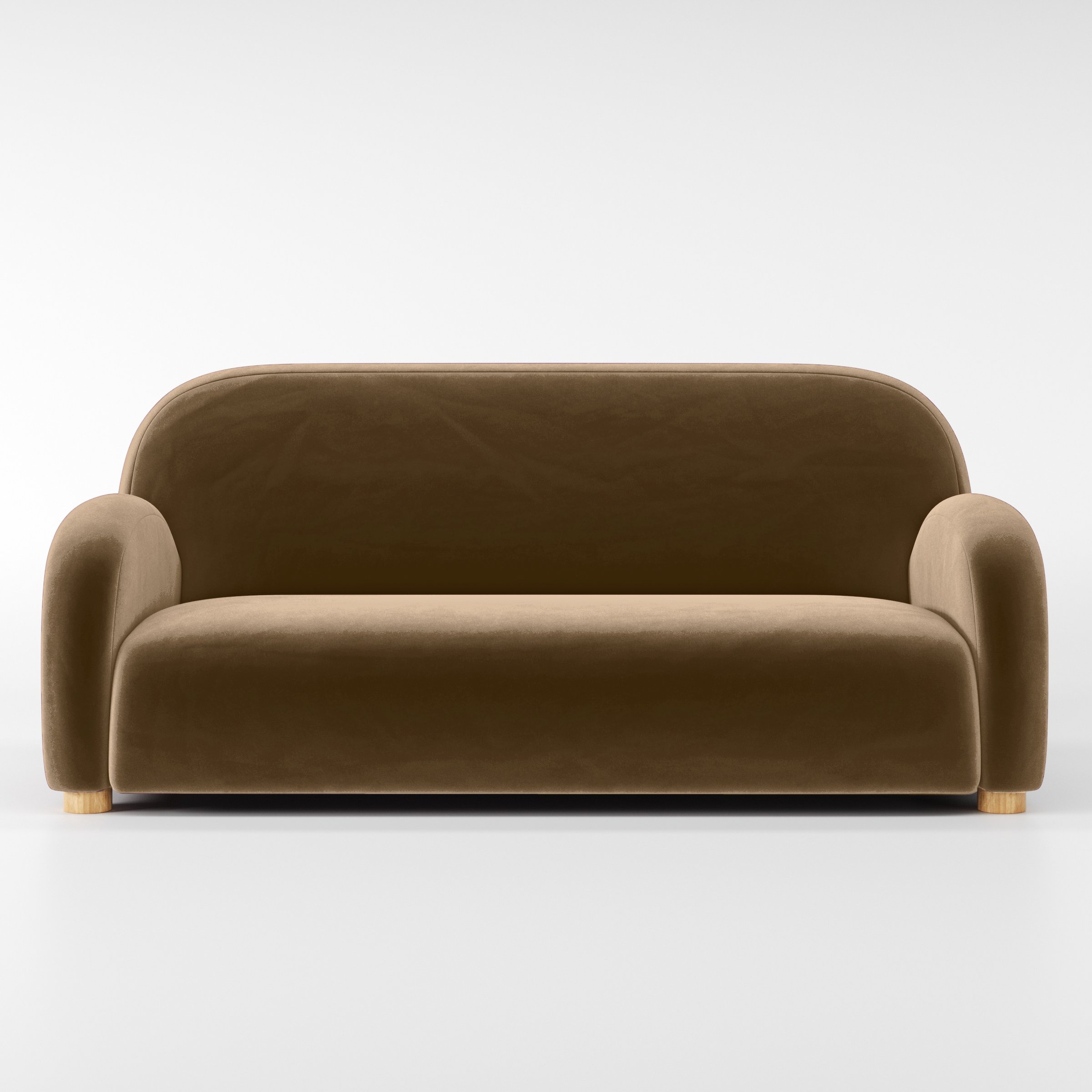 Front view of the Awe sofa upholstered in Plush EasyClean Velvet in Caribou.