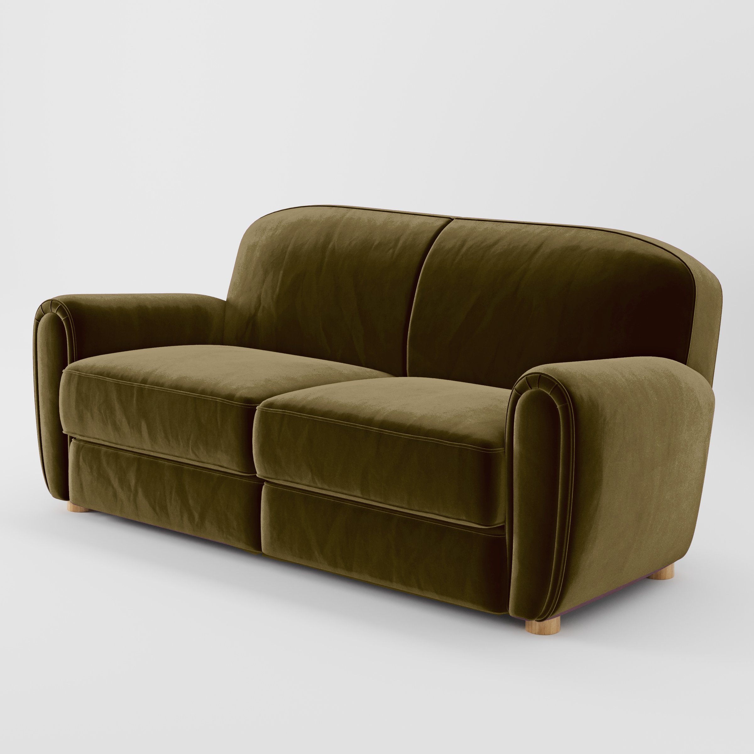 Diagonal view of the Fergus sofa upholstered in Plush EasyClean Velvet in Cedar.