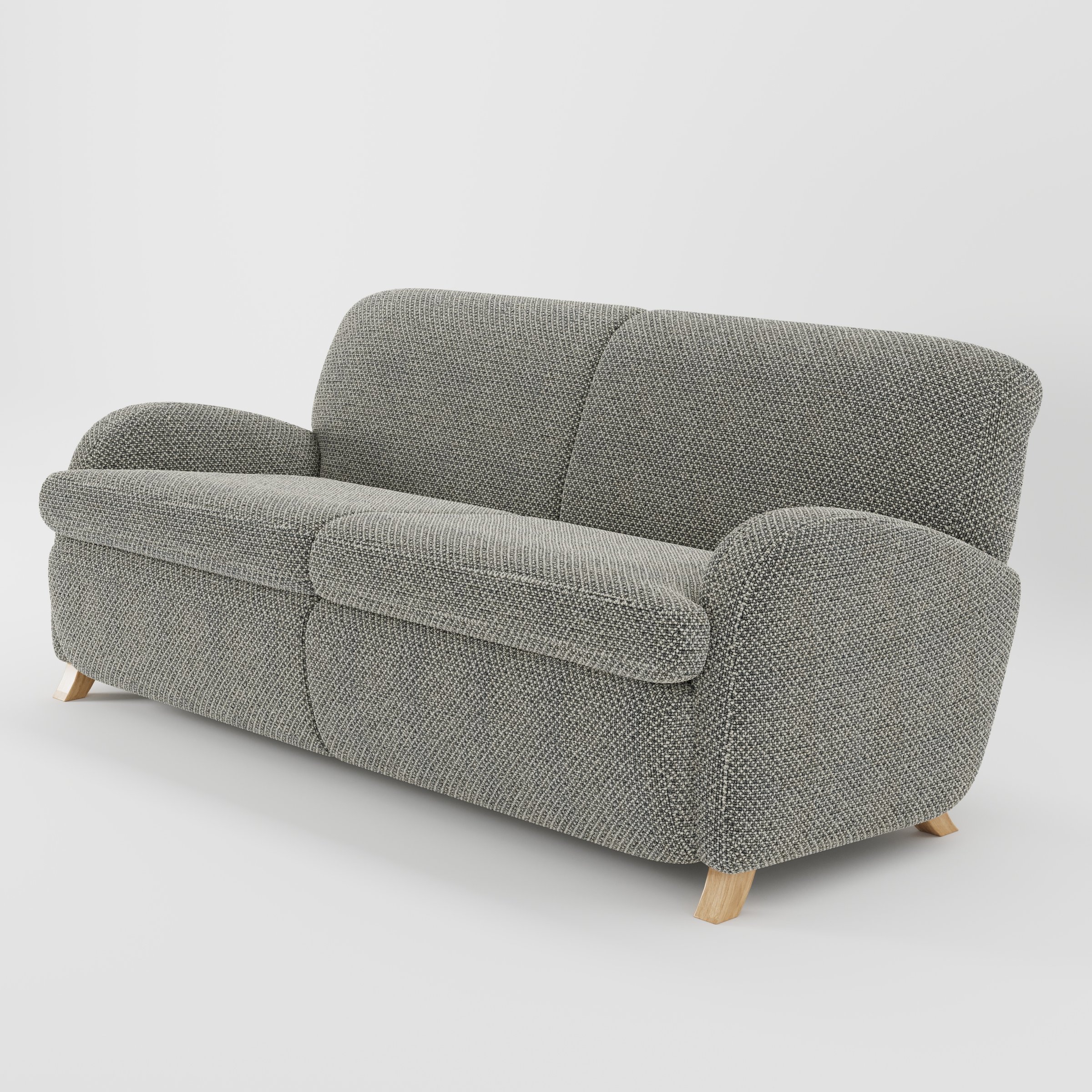 Rye sofa in Rousay Wool Blend Tar and Chalk shown at a diagonal angle highlighting arm profile and seat depth.