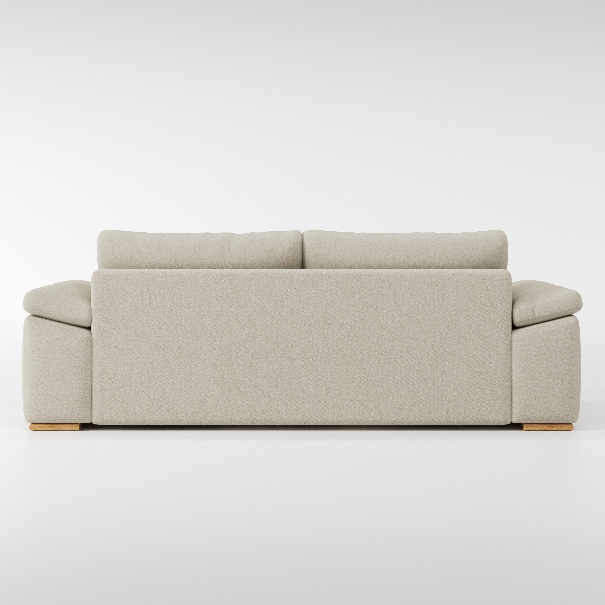 Moy sofa in Alderney Linen Oatmeal shown from the rear highlighting back cushions and upholstery finish.