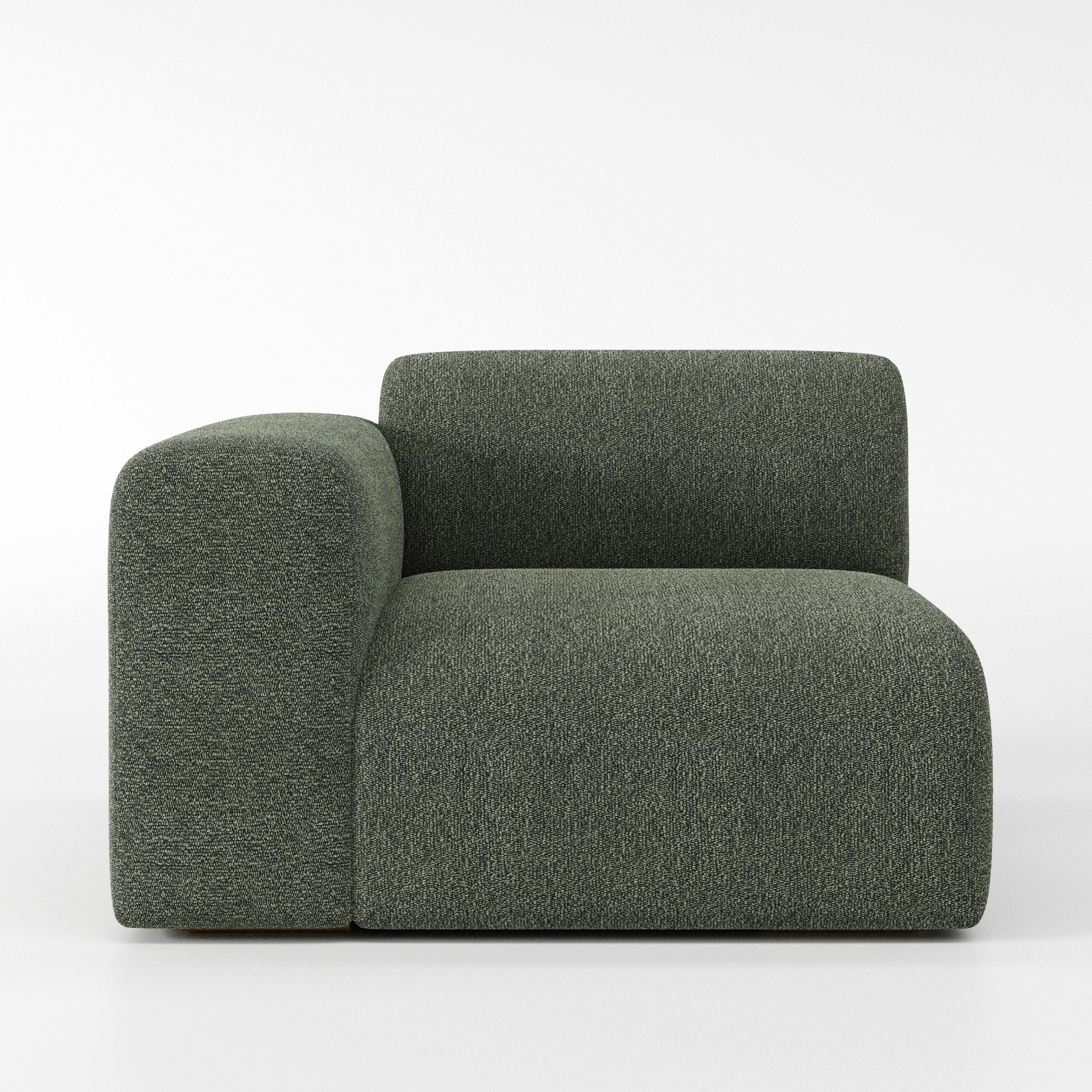 Drumquin modular sofa left side unit in Kilda Bouclé Moss shown from the front with a low, deep seat and a rounded left armrest.