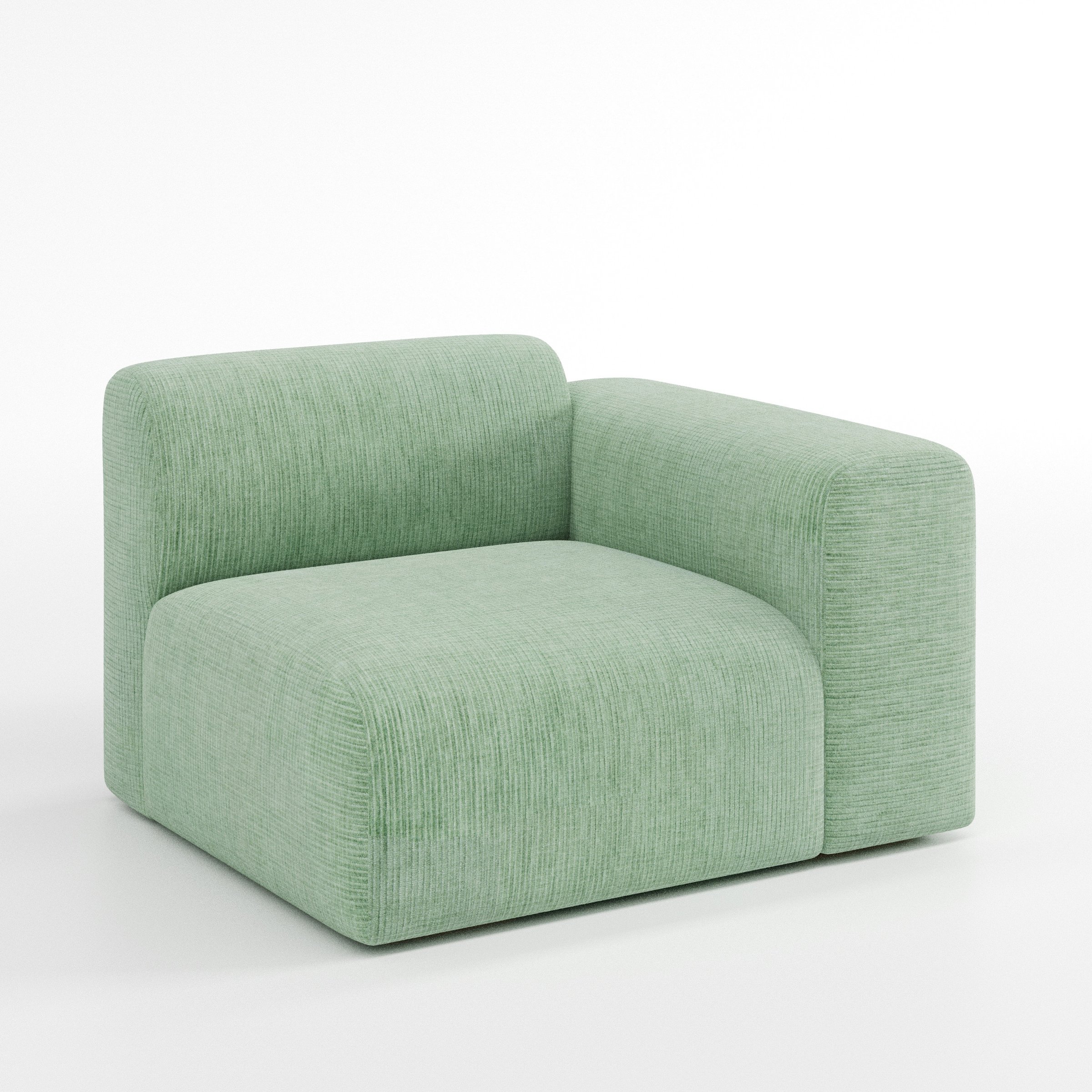 Drumquin modular sofa right side unit in Caldey Velvet Corduroy Eucalyptus shown at a diagonal angle highlighting the curved right armrest and generous seat depth.