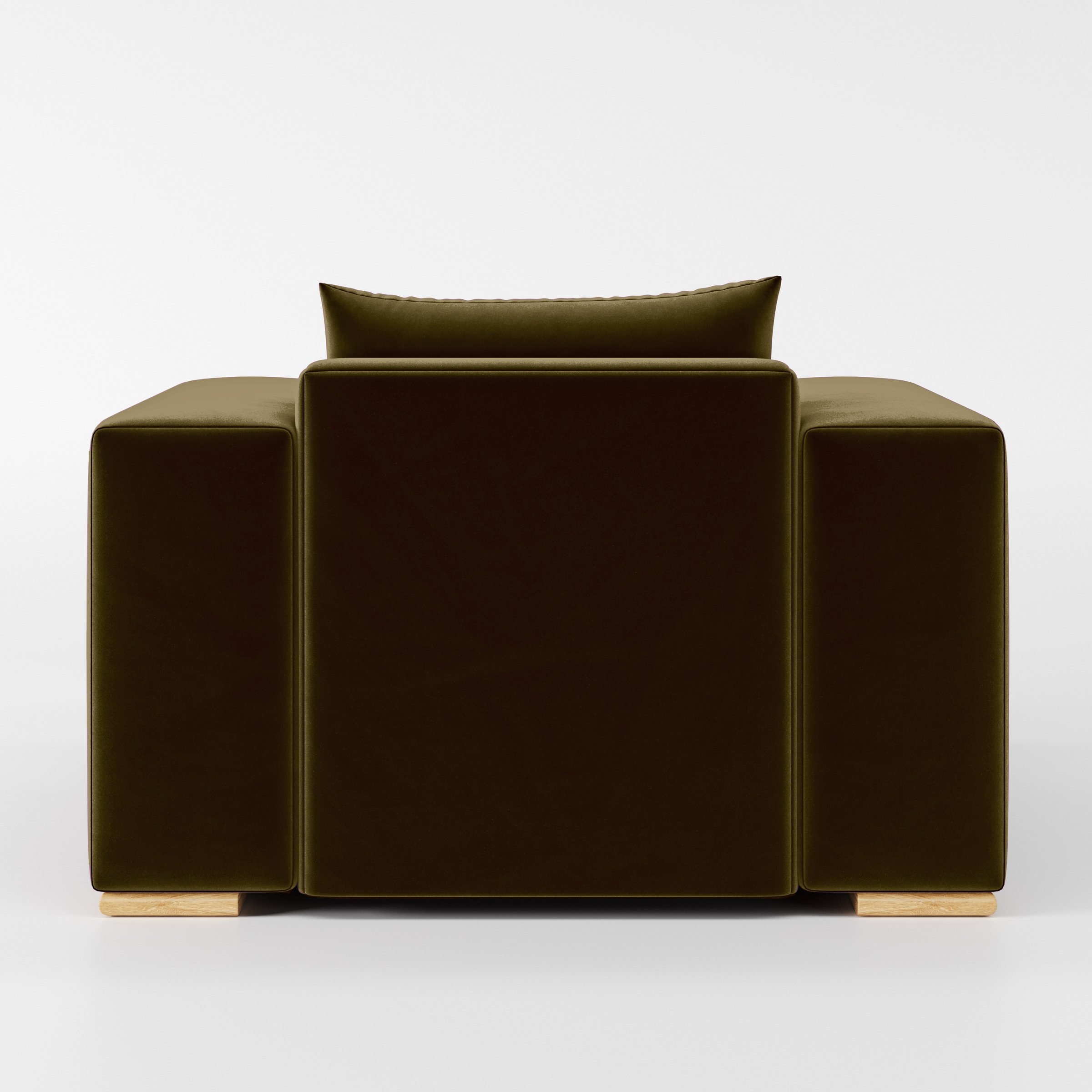 Rear view of the Fane armchair upholstered in Plush EasyClean Velvet in Cedar.