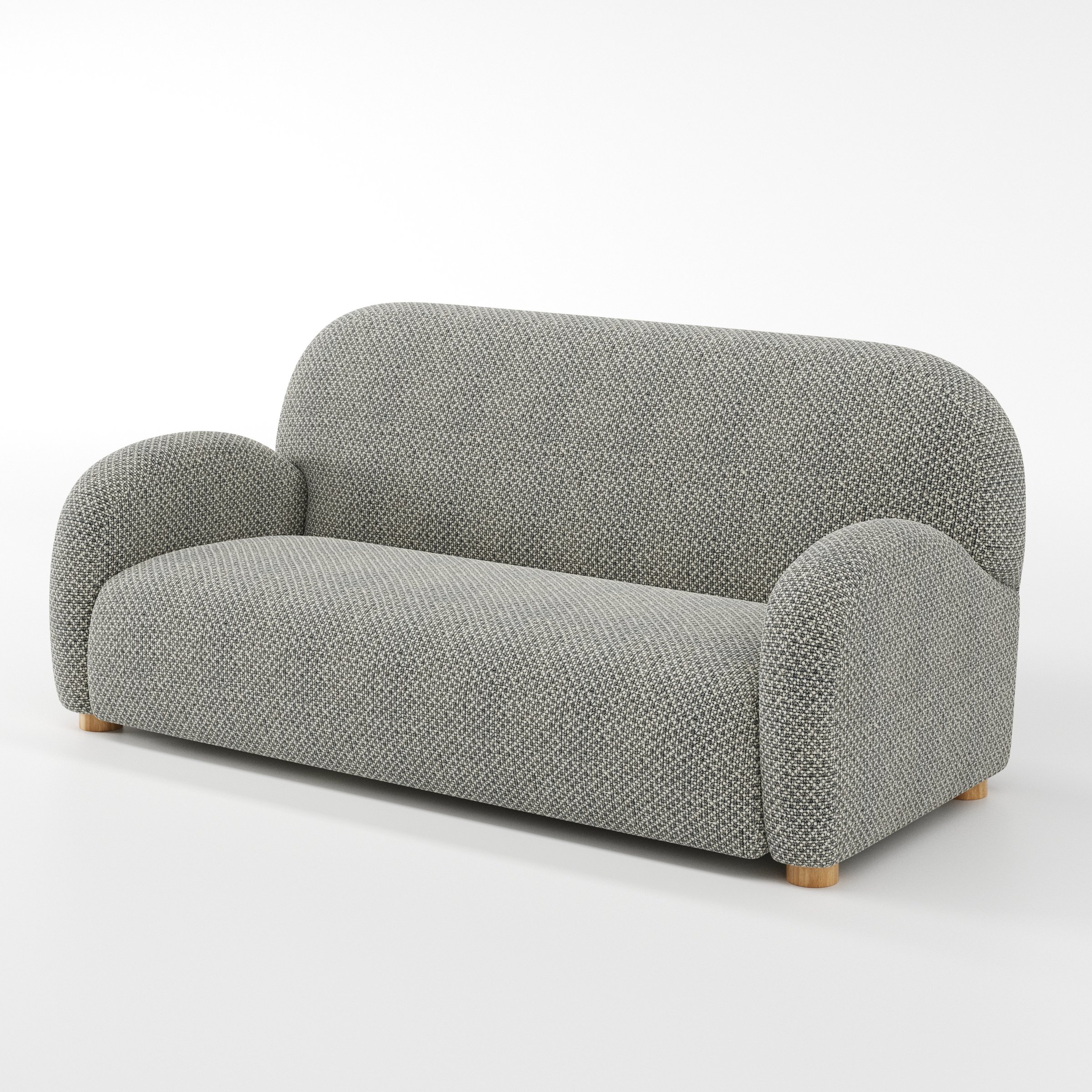 Awe sofa in Rousay Wool Blend Tar and Chalk shown at a diagonal angle highlighting arm profile and seat depth.