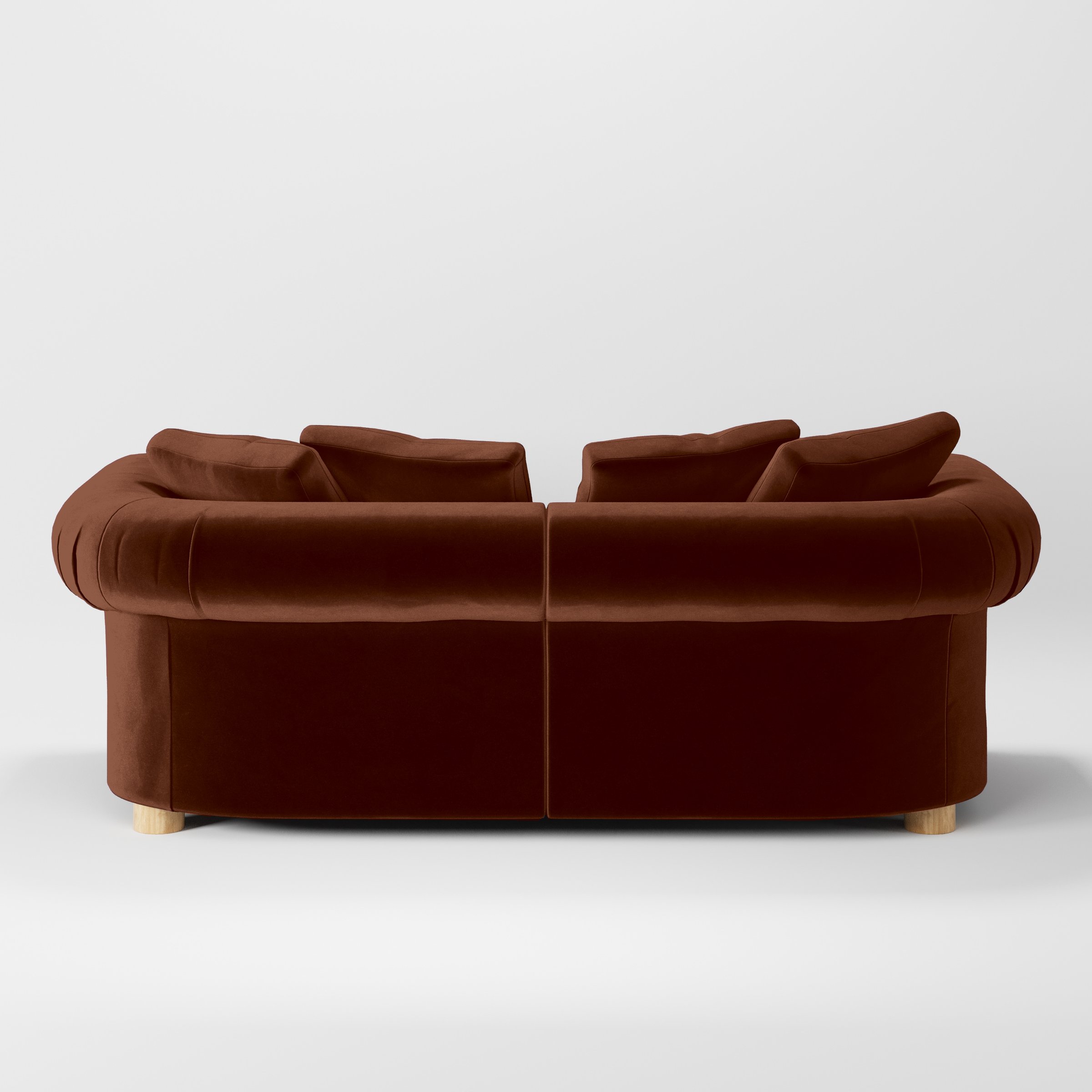 Rear view of the Windermere sofa upholstered in Plush EasyClean Velvet in Maple.