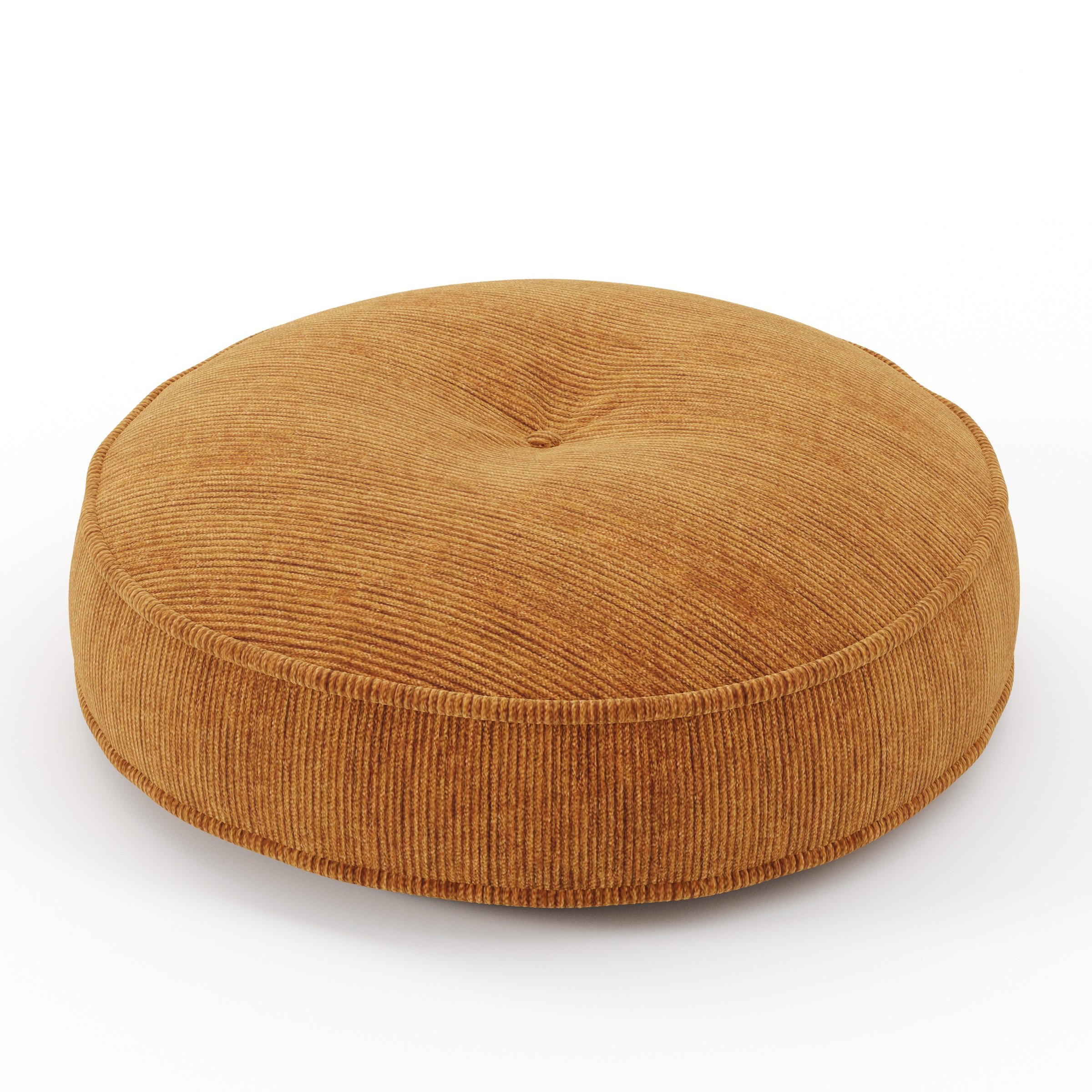 Cove cushion in Caldey Velvet Corduroy Tobacco, round tufted cushion with border and piping in warm tobacco corduroy velvet with central tuft detail, size 50cm x 8.75cm