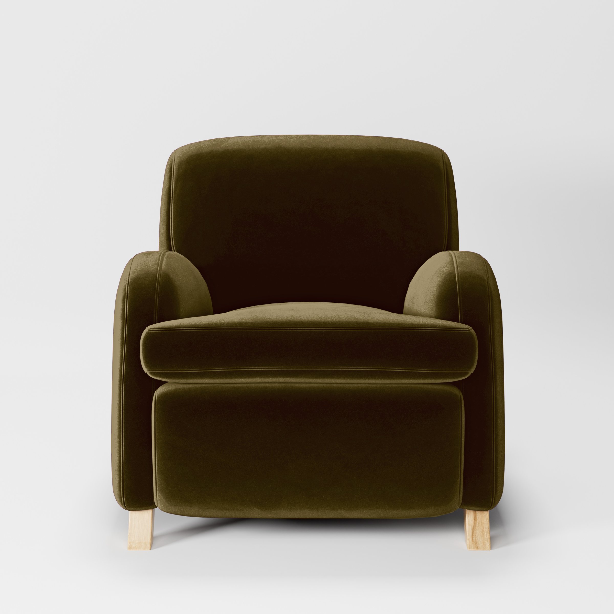 Front view of the Rye armchair upholstered in Plush EasyClean Velvet in Cedar.