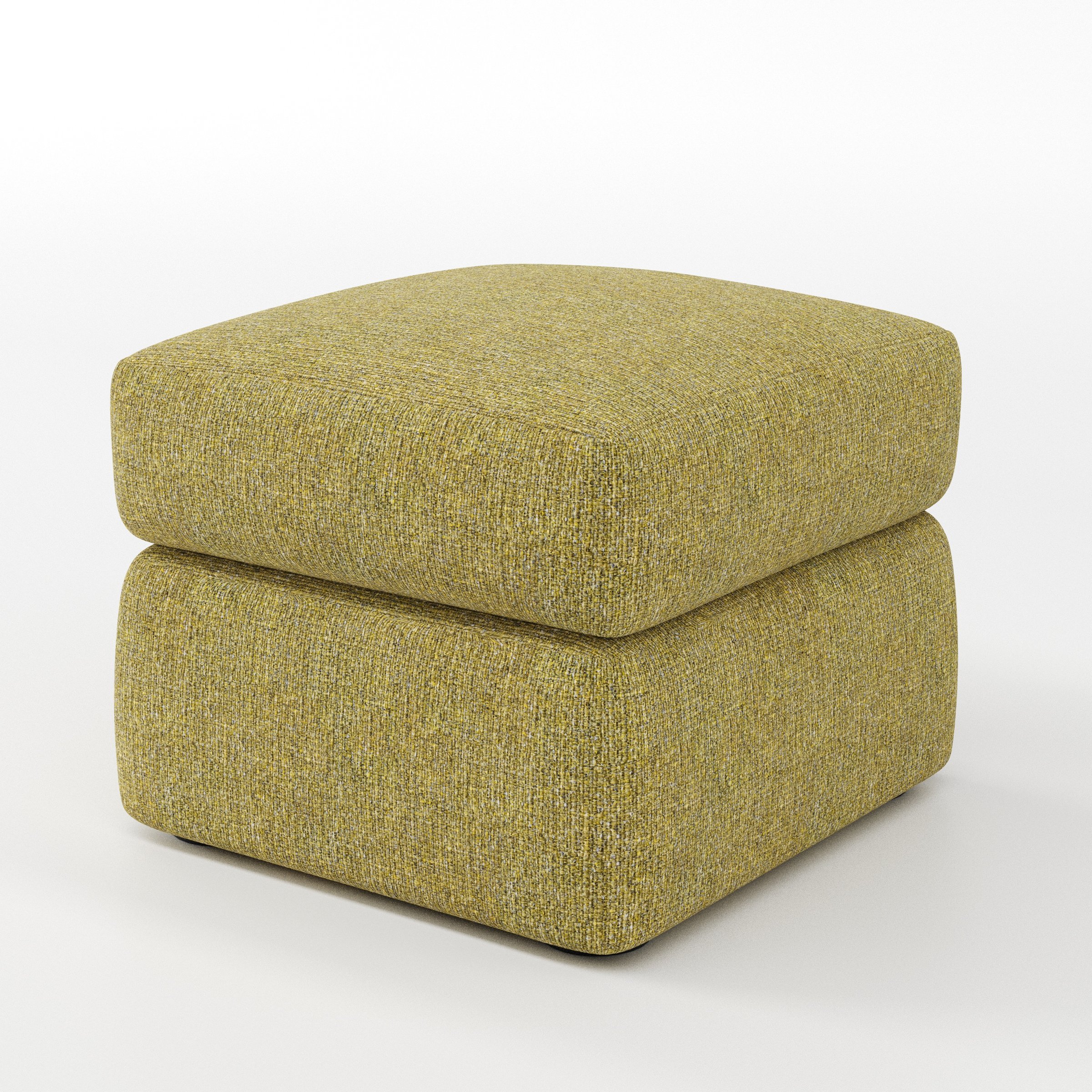 Coniston footstool in Heyling Tweed Sencha shown at a diagonal angle highlighting clean lines and deep cushioning.