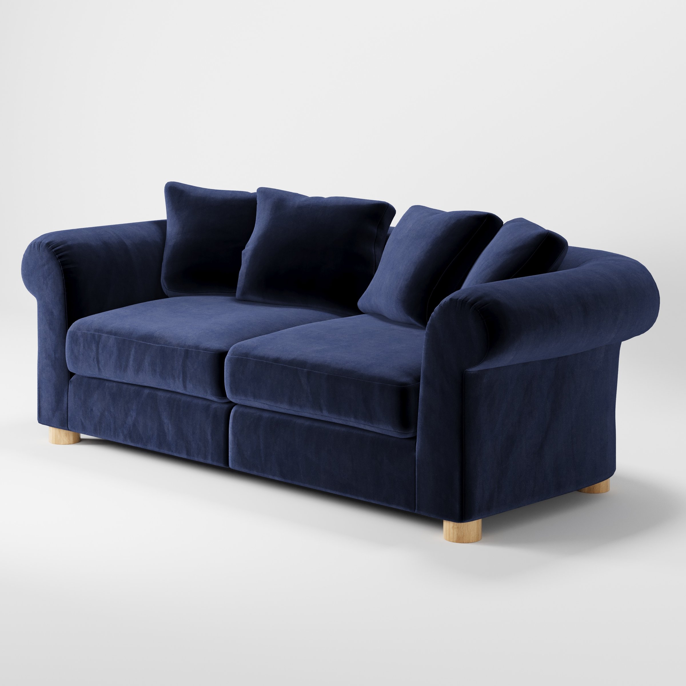 Windermere sofa in Noss Velvet Navy shown at a diagonal angle highlighting arm profile and seat depth.