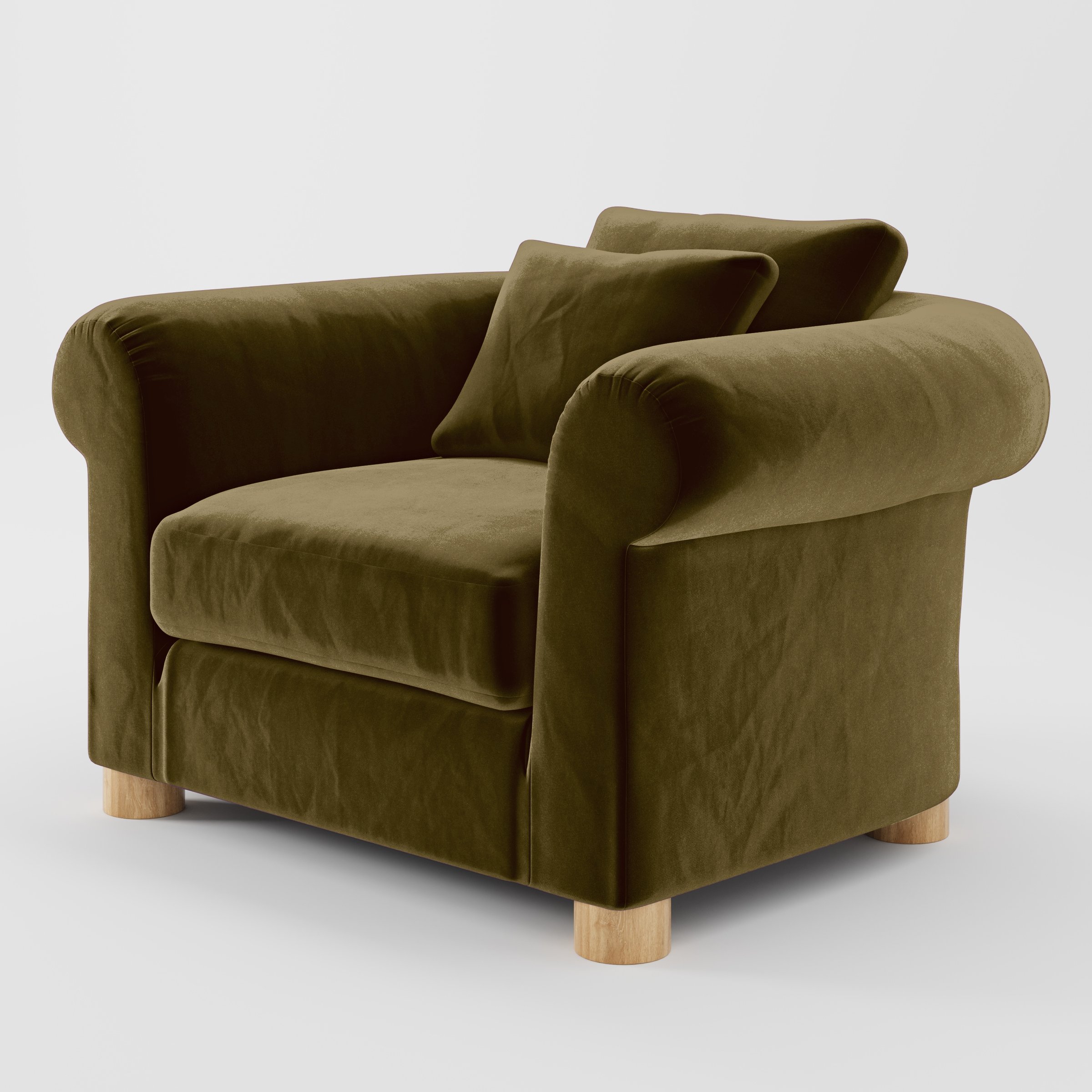 Diagonal view of the Windermere armchair upholstered in Plush EasyClean Velvet in Cedar.