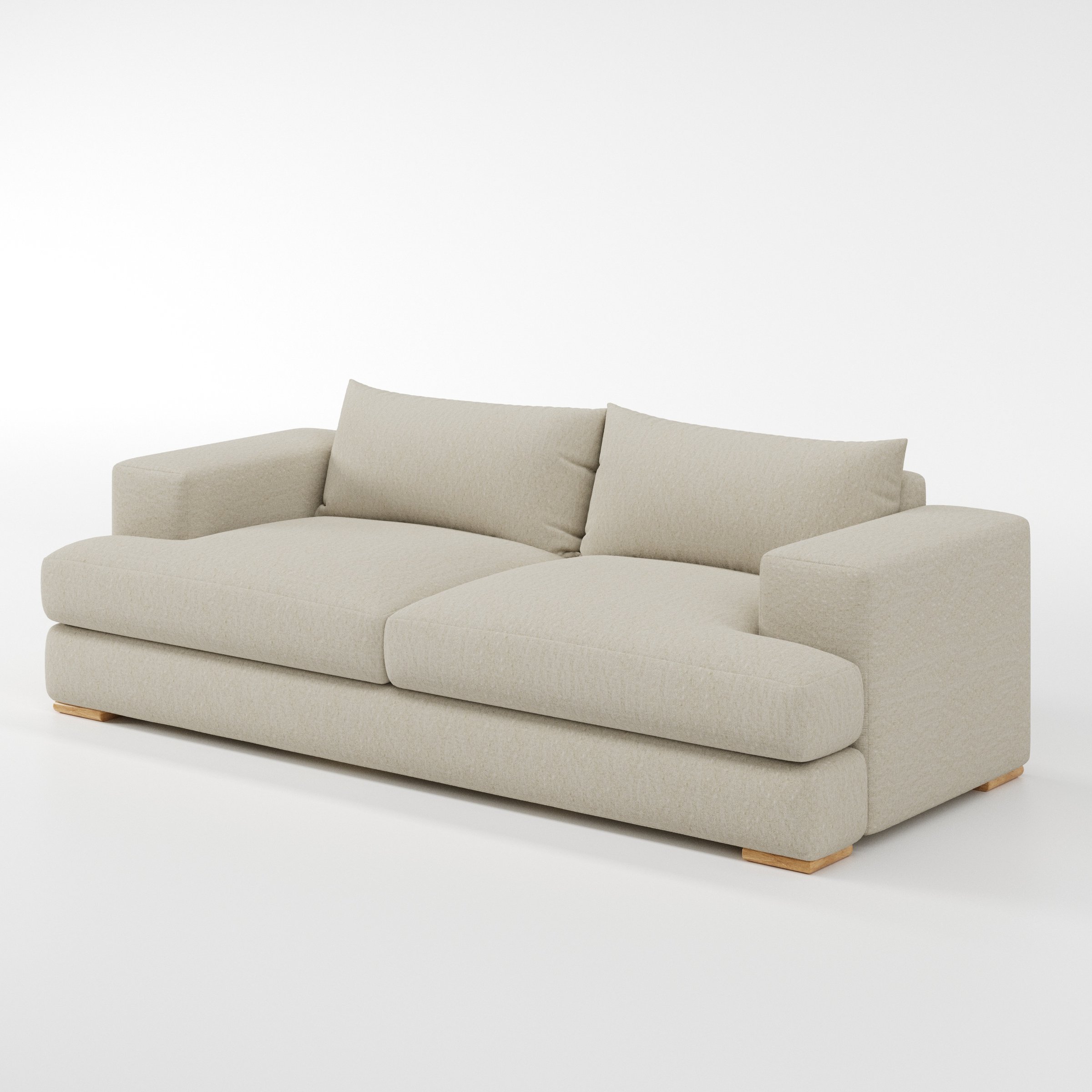Fane sofa in Alderney Linen Oatmeal shown at a diagonal angle highlighting arm profile and seat depth.