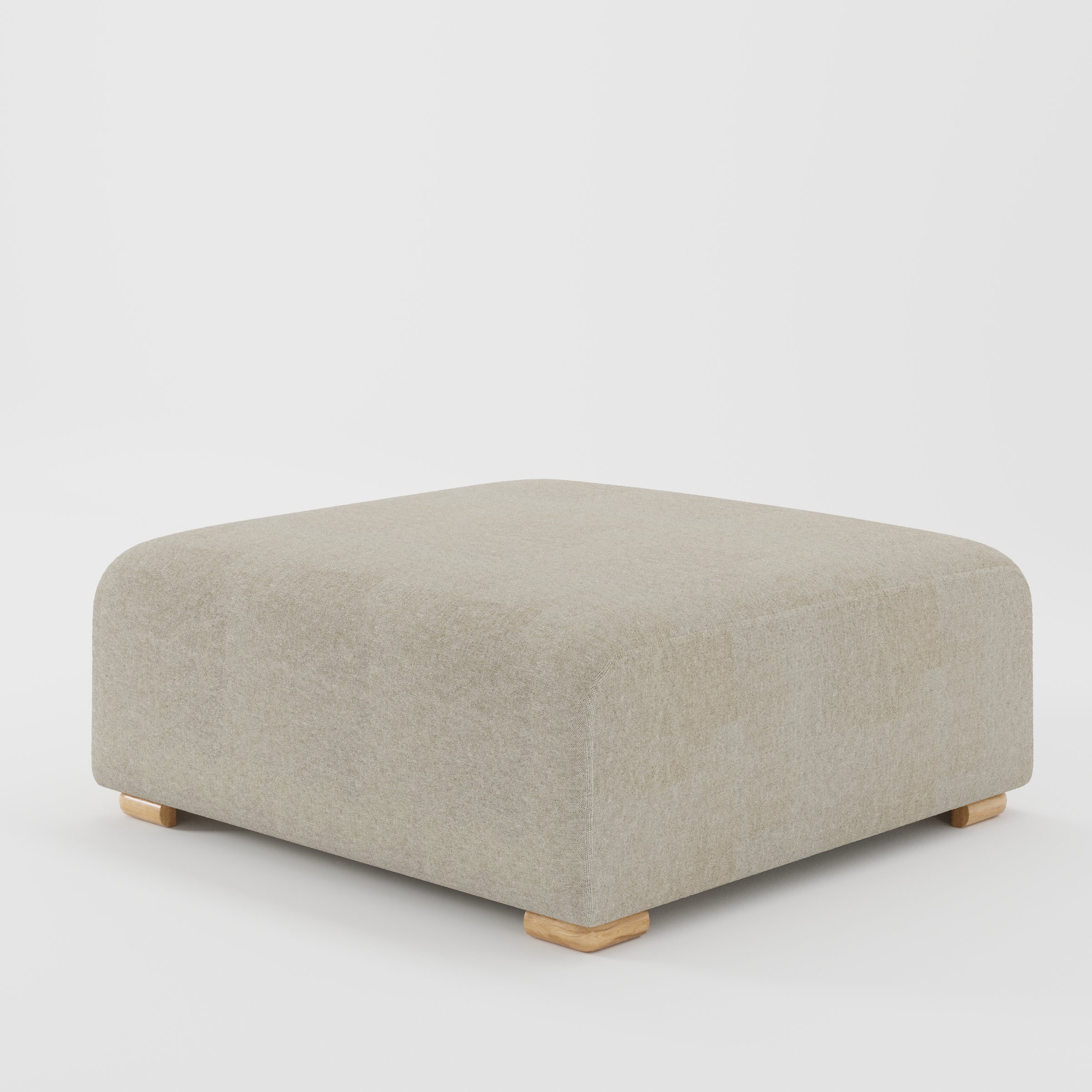 Tay footstool in Alderney Linen Oatmeal shown at a diagonal angle highlighting clean edges and compact form.