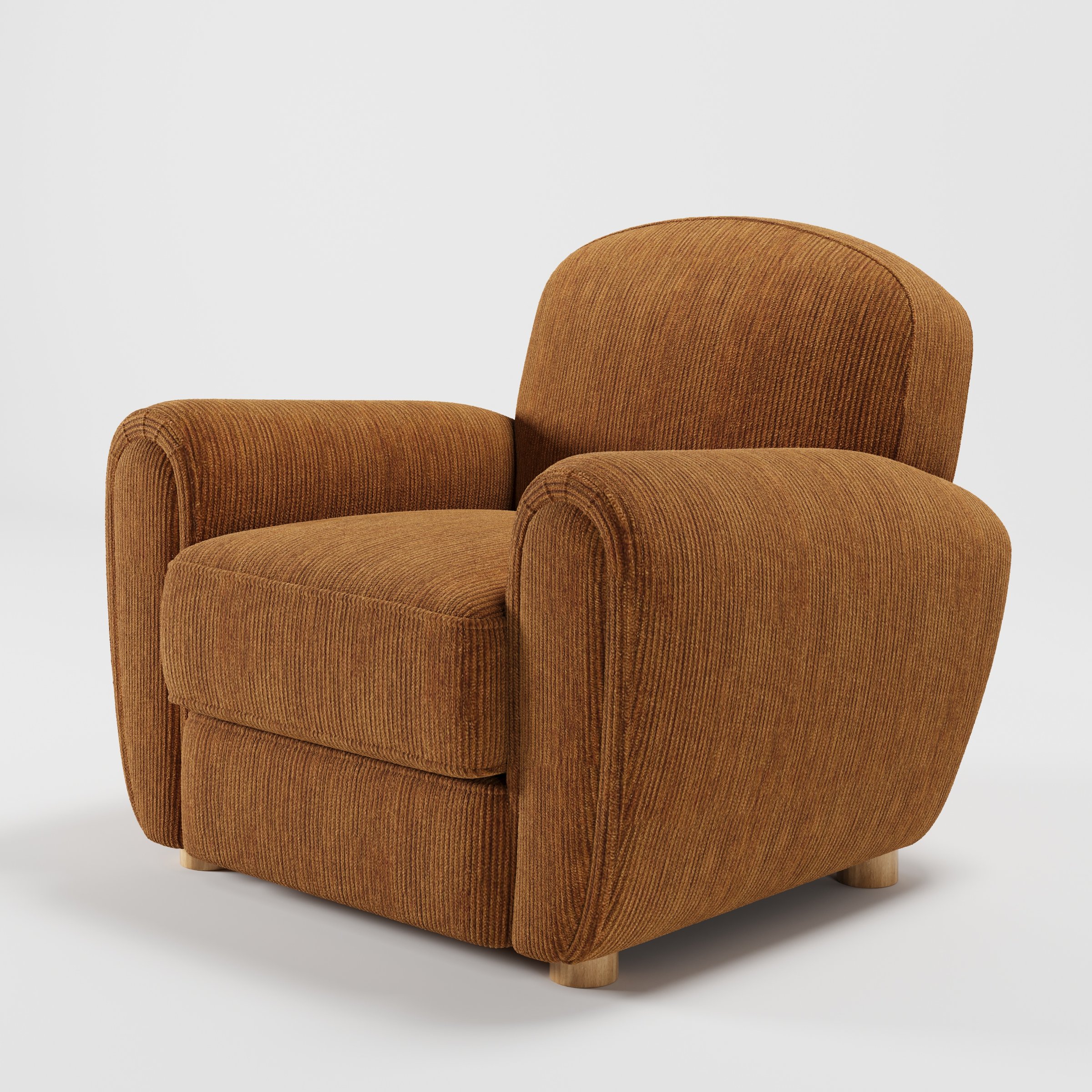 Fergus armchair in Caldey Velvet Corduroy Tobacco shown at a diagonal angle highlighting rounded arms and seat depth.