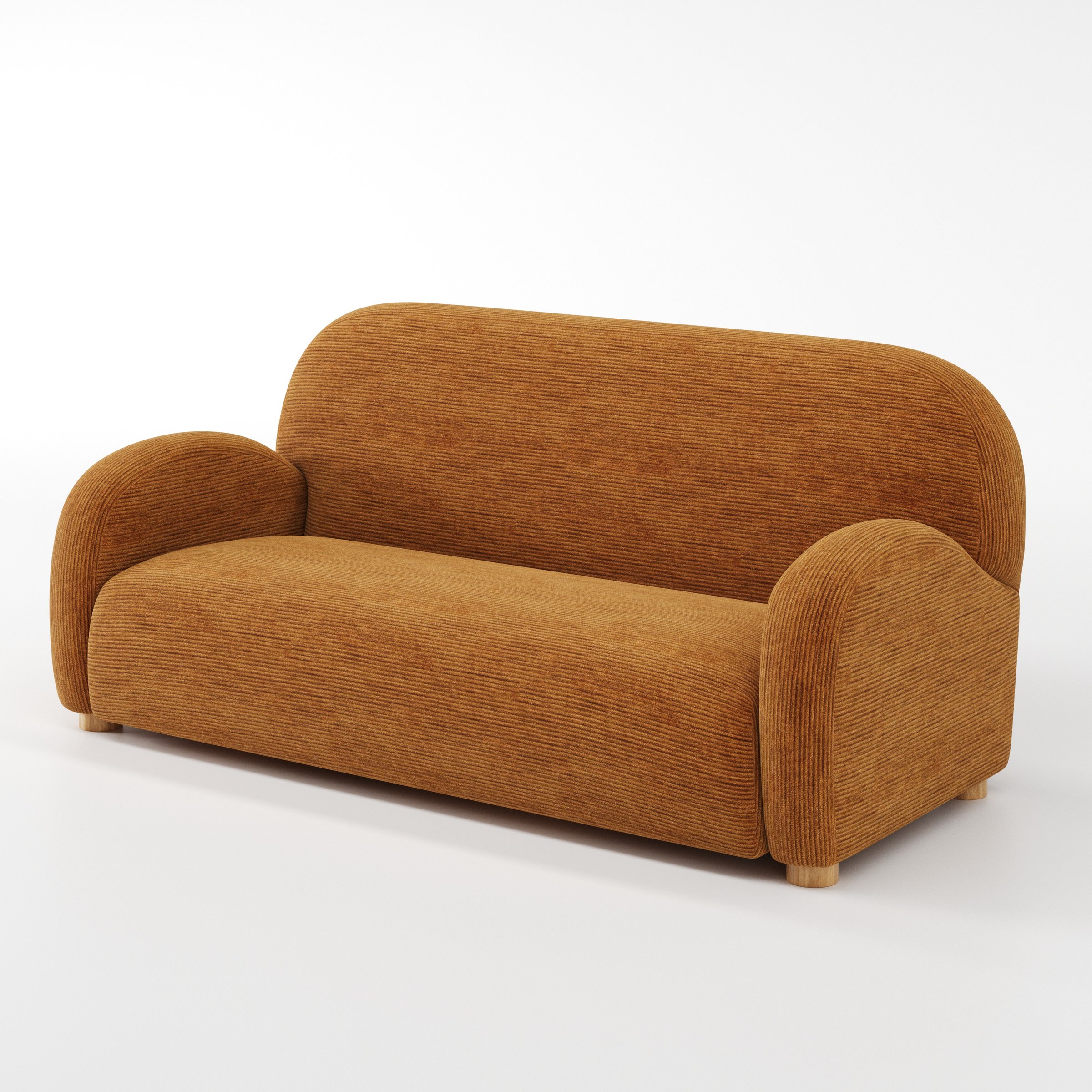 Awe sofa in Caldey Velvet Corduroy Tobacco shown at a diagonal angle highlighting arm profile and seat depth.