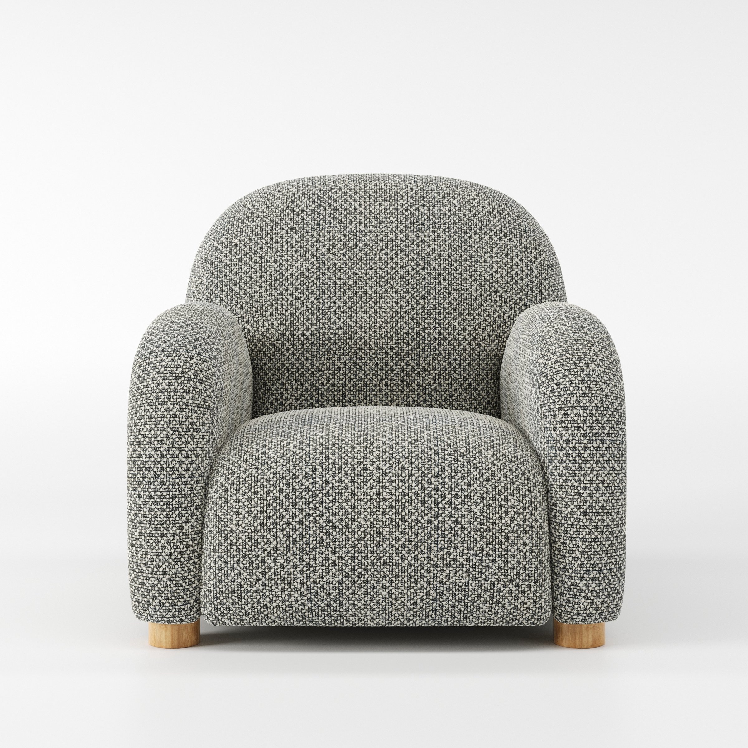 Awe armchair in Rousay Wool Blend Tar and Chalk shown front-on against a neutral studio backdrop.