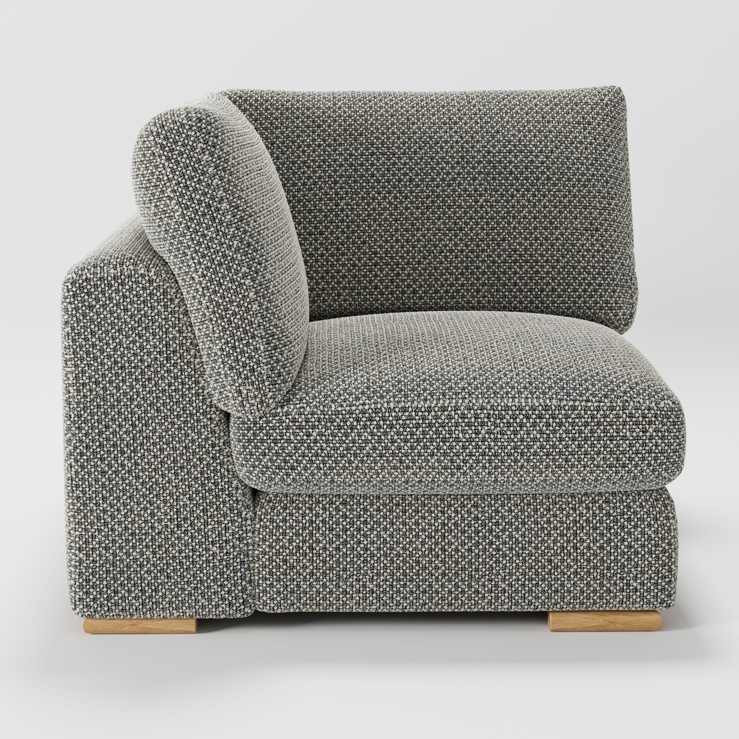 Olton corner unit in Rousay wool blend tar and chalk fabric, left side view showing arm shape and subtle contrast weave