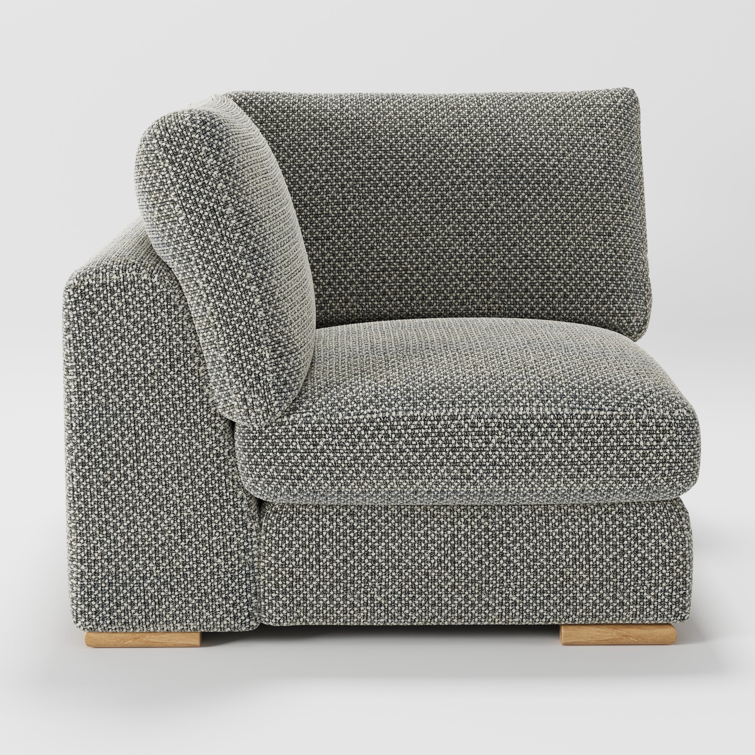 Olton corner unit in Rousay wool blend tar and chalk fabric, left side view showing arm shape and subtle contrast weave