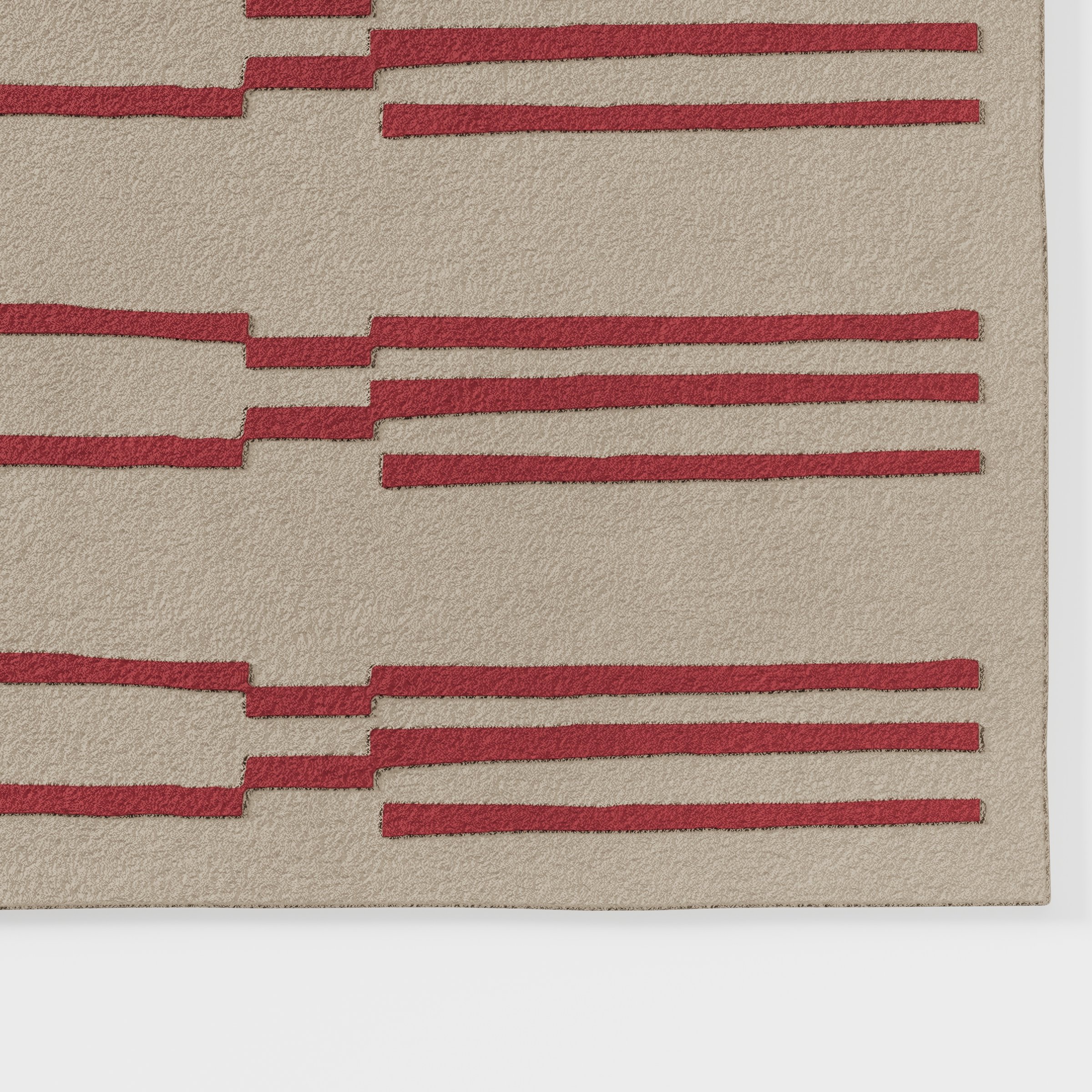 Avon rug in neutral beige tone with repeating linear pattern in muted red, angled view highlighting edge detail and low to high pile variation, hand tufted wool and viscose blend