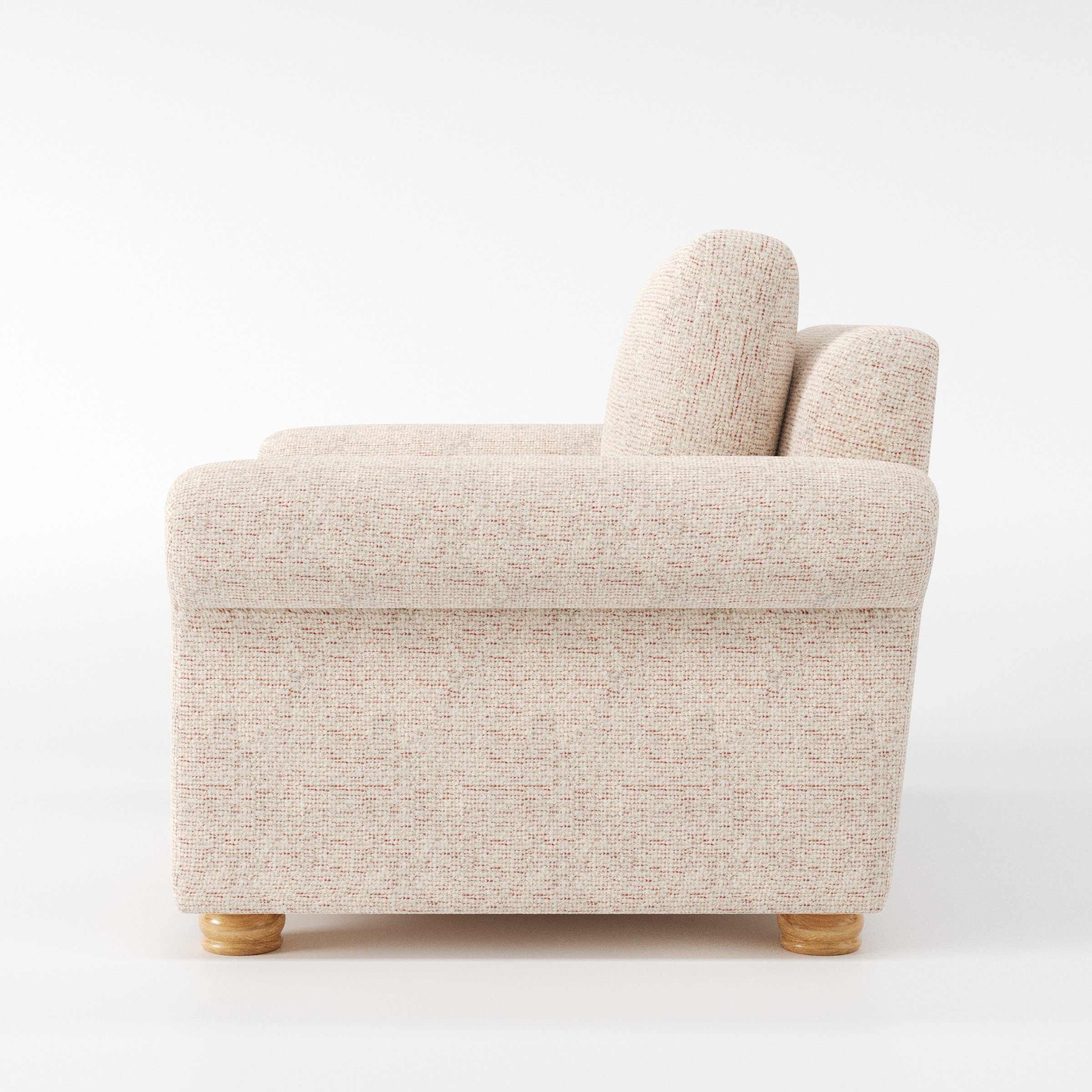 Anna Lee armchair in Orsay Boucle Cream and Copper shown in side profile displaying proportions and overall silhouette.