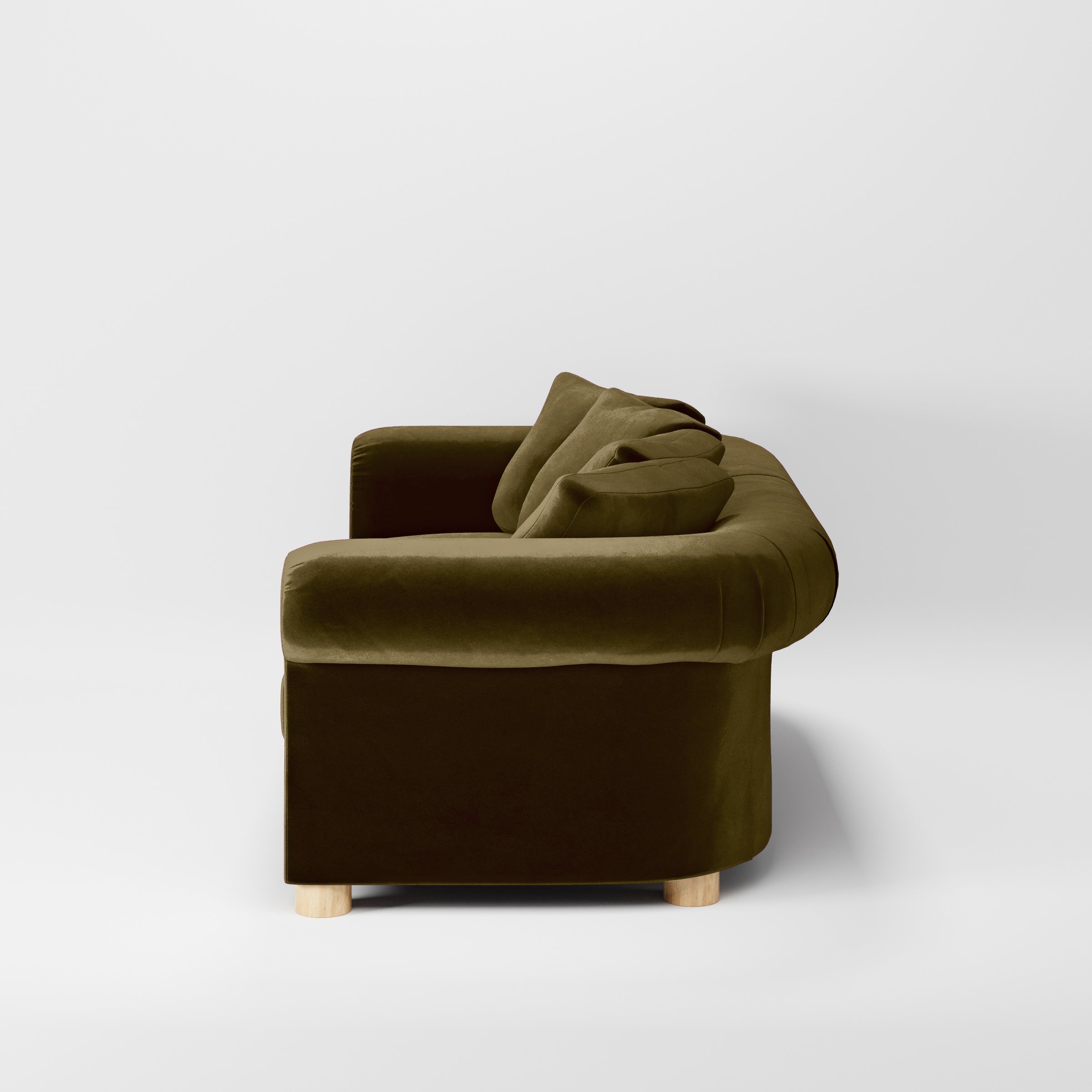 Side view of the Windermere sofa upholstered in Plush EasyClean Velvet in Cedar.