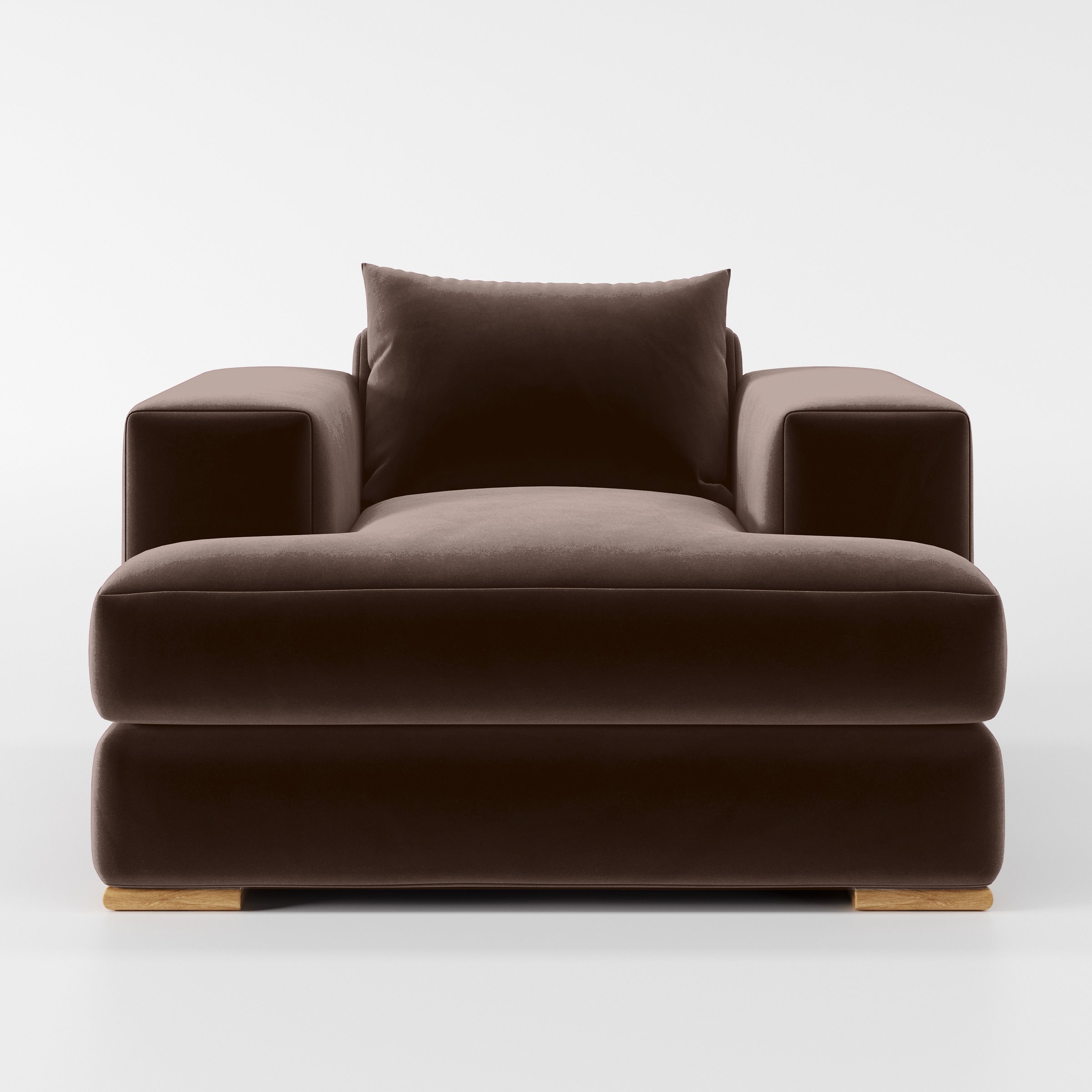 Front view of the Fane armchair upholstered in Plush EasyClean Velvet in Mole.