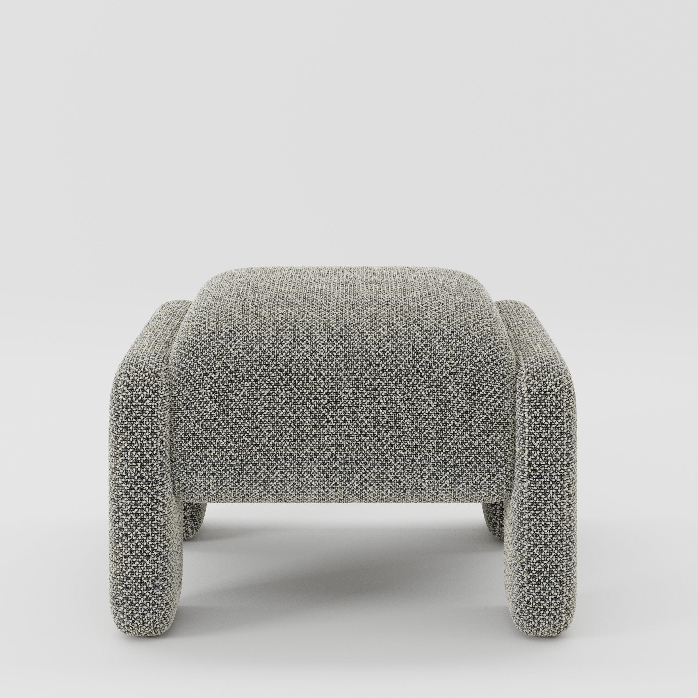 Inny footstool in Rousay wool blend tar and chalk fabric, front view showing rounded form and textured woven finish
