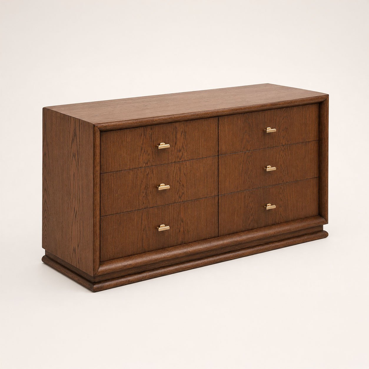 Chest of Drawers 02 in dark stained oak shown from an angled view with six drawers and brass handles