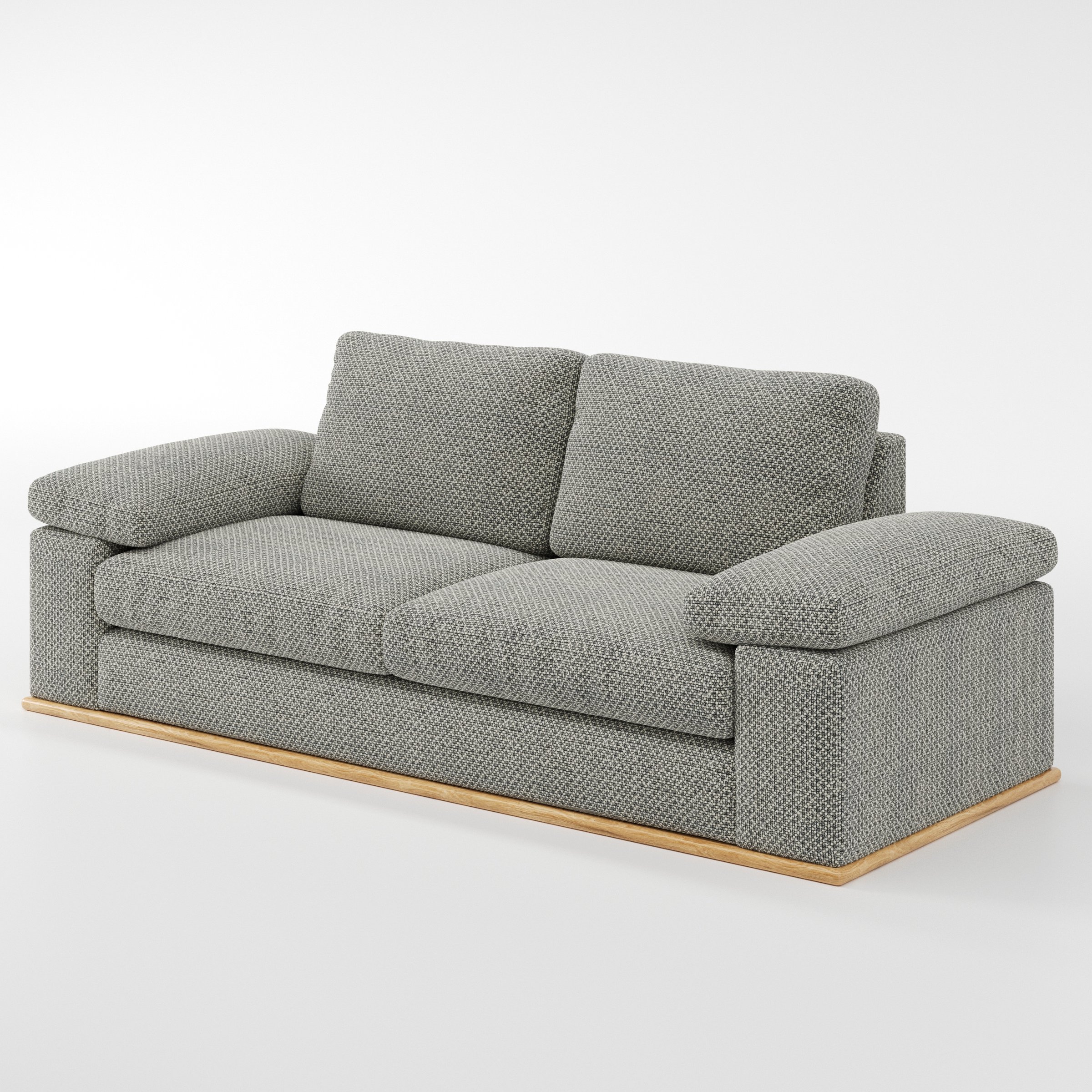 Cusher sofa in Rousay Wool Blend Tar and Chalk shown at a diagonal angle highlighting arm profile and seat depth.