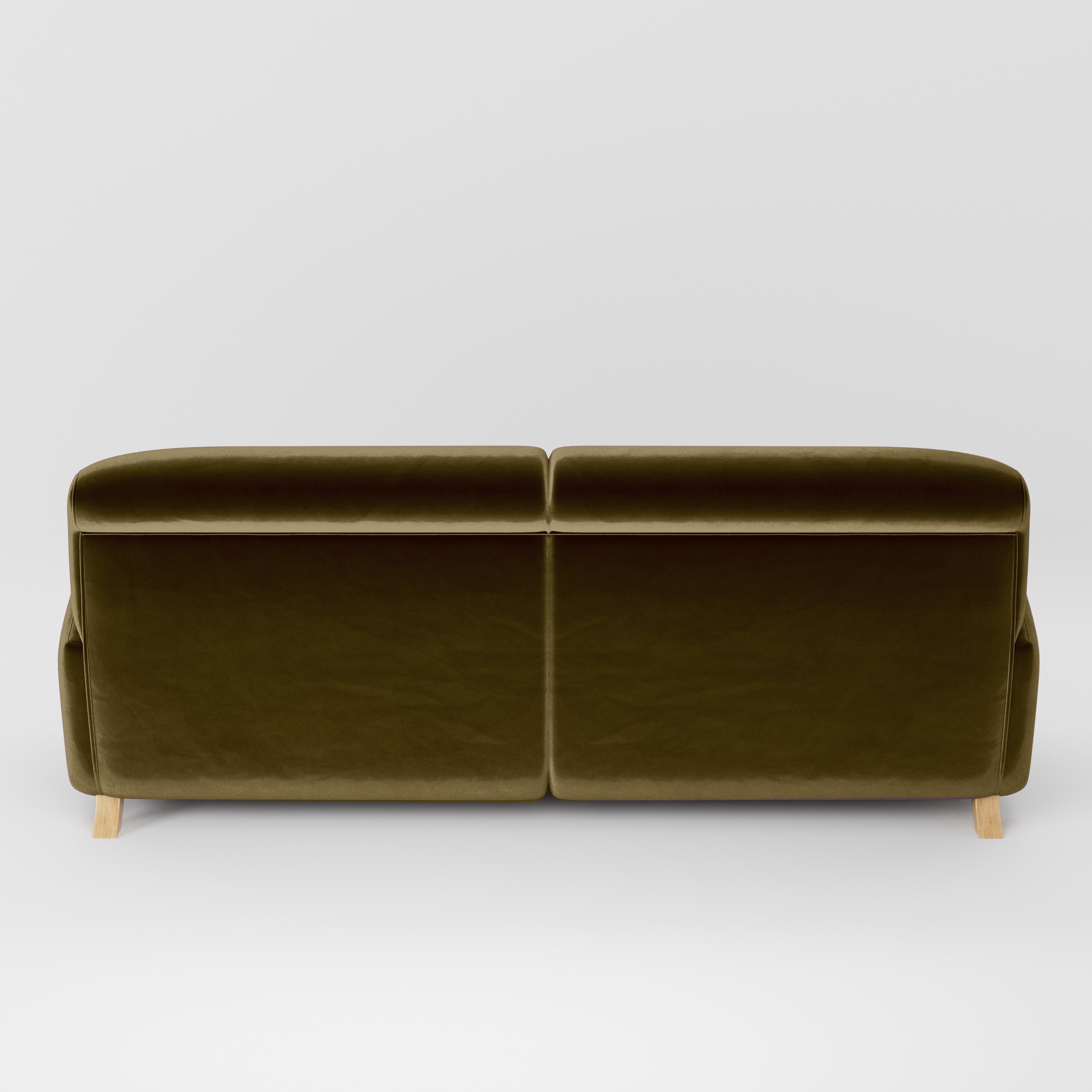 Rear view of the Rye sofa upholstered in Plush EasyClean Velvet in Cedar.