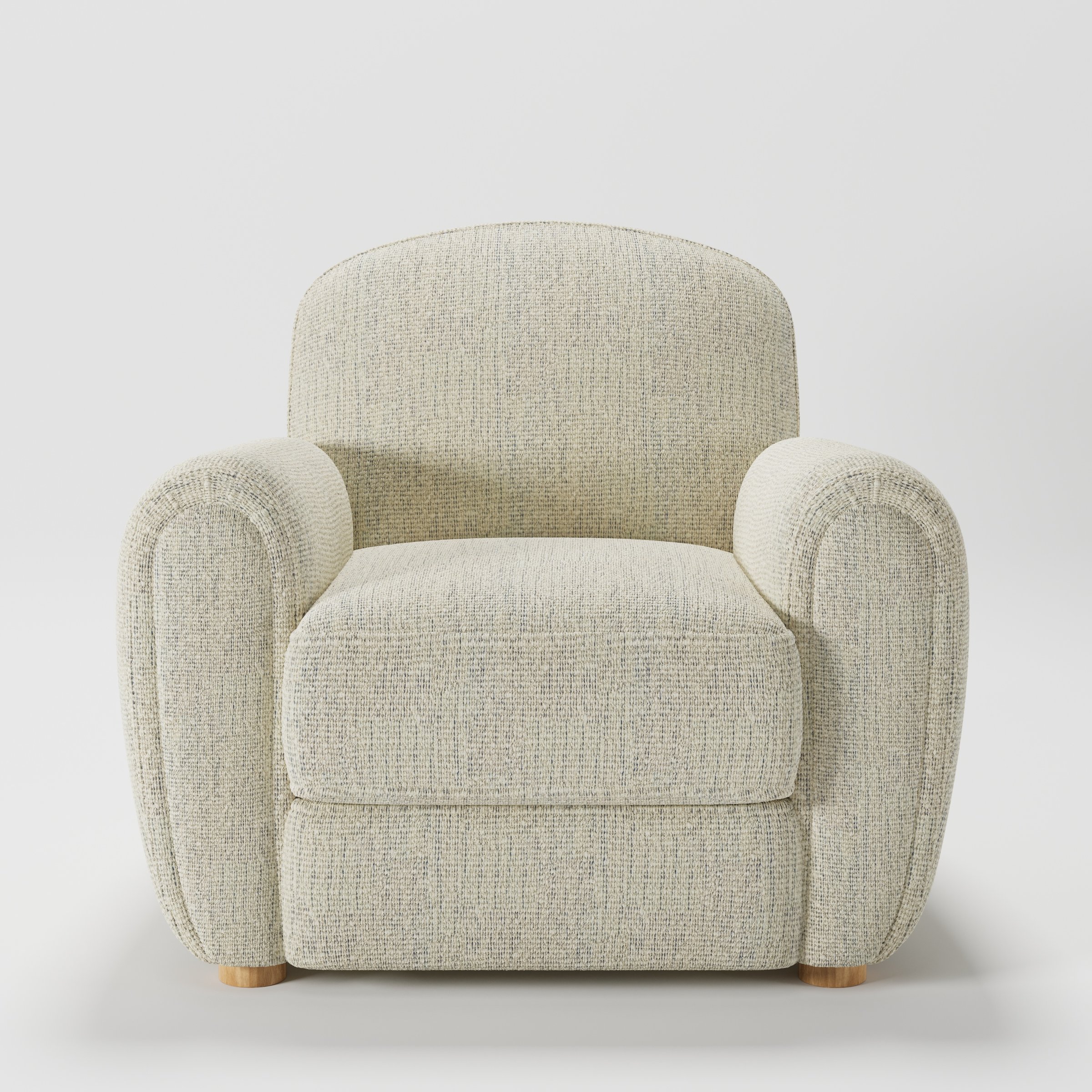 Fergus armchair in Orsay Boucle Cream and Marine shown front-on against a neutral studio backdrop.