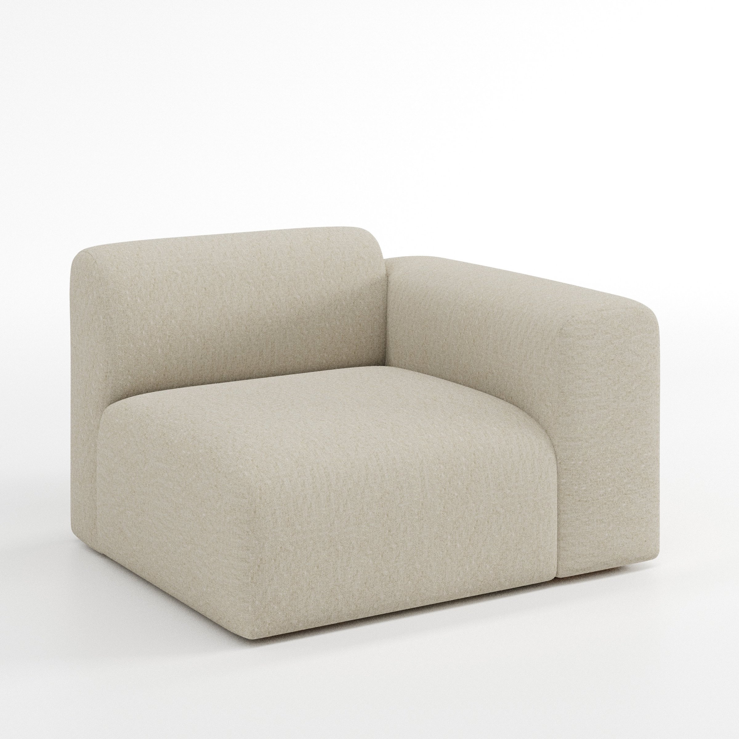 Drumquin modular sofa right side unit in Alderney Linen Oatmeal shown at a diagonal angle highlighting the curved right armrest and generous seat depth.