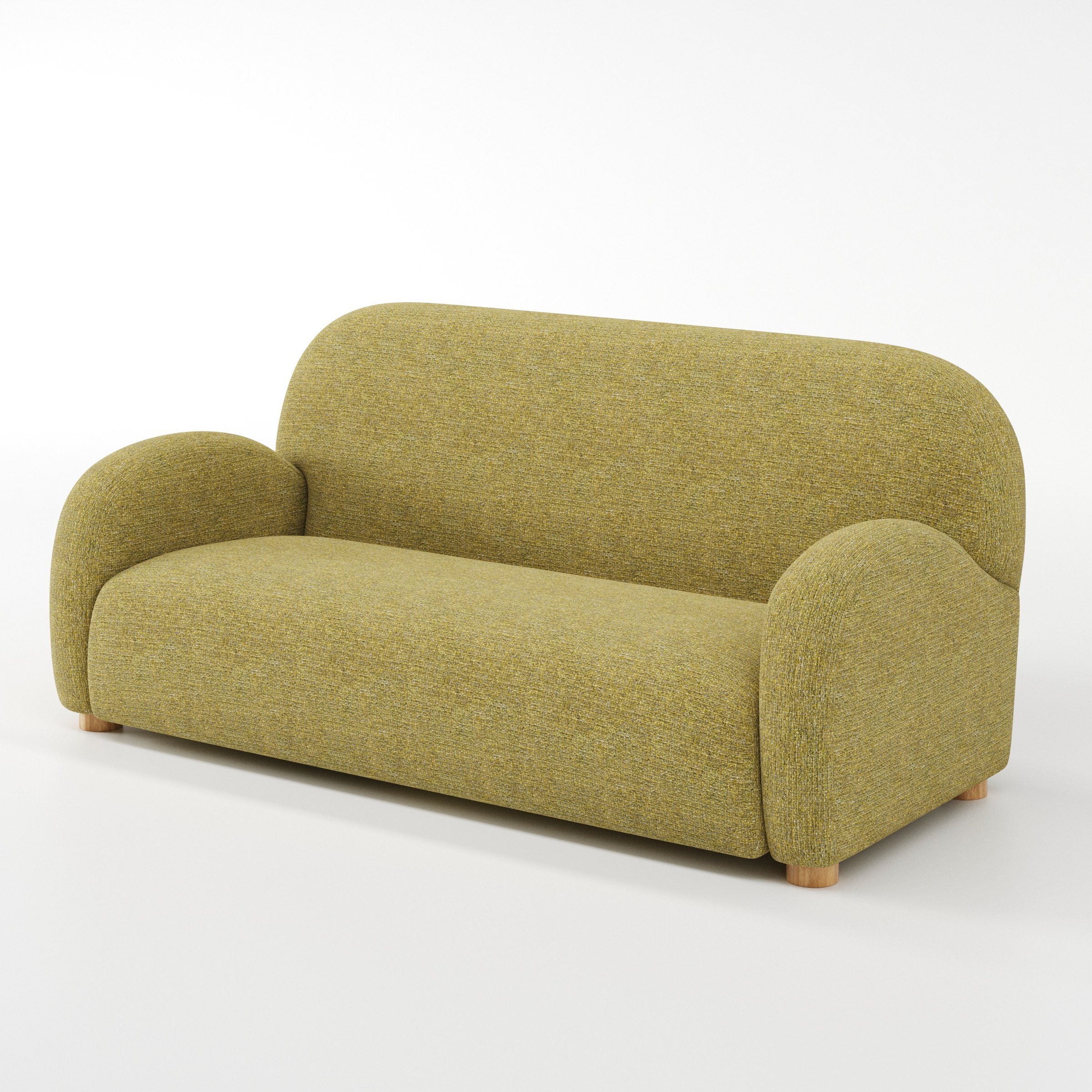 Awe sofa in Heyling Tweed Sencha shown at a diagonal angle highlighting arm profile and seat depth.