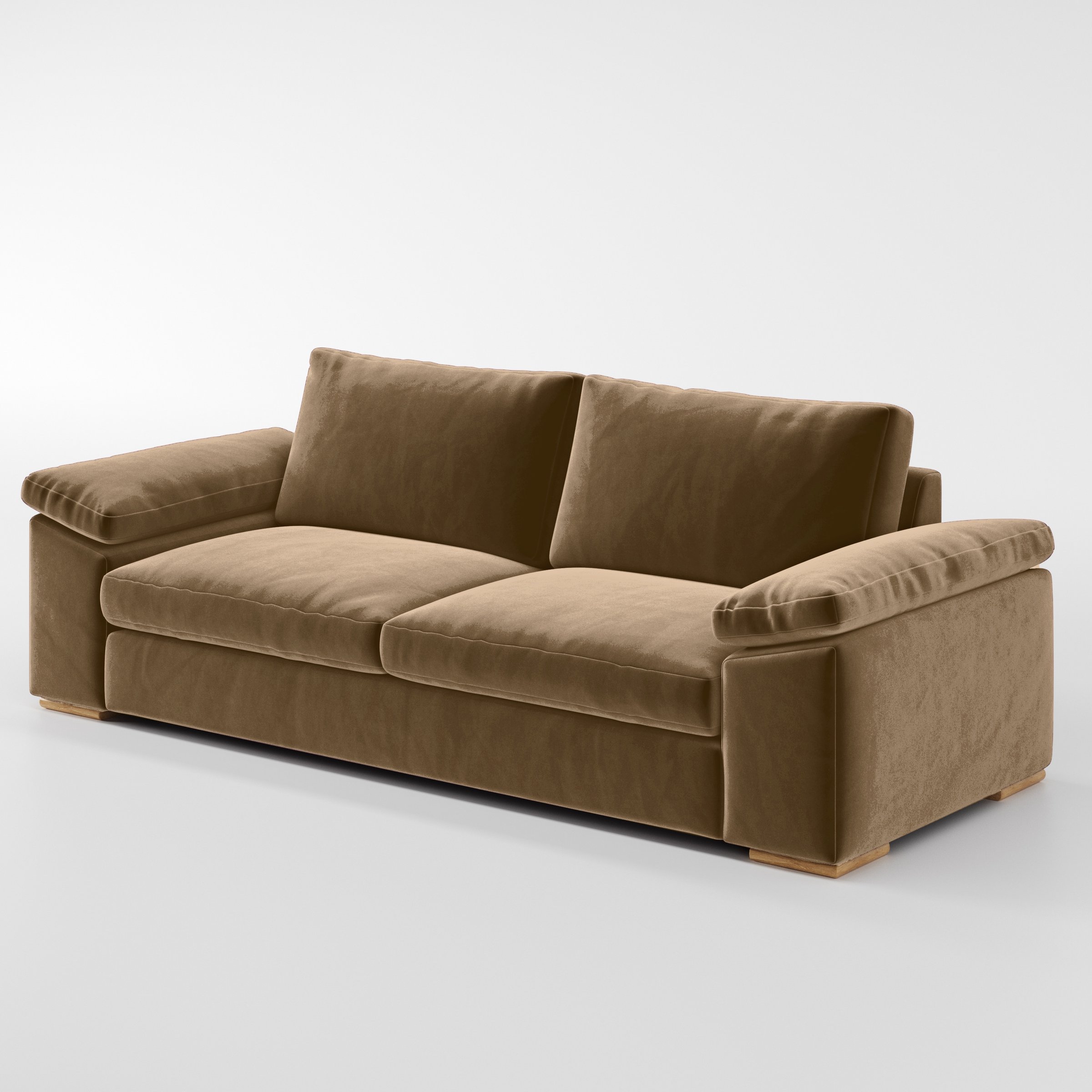 Diagonal view of the Moy sofa upholstered in Plush EasyClean Velvet in Caribou.