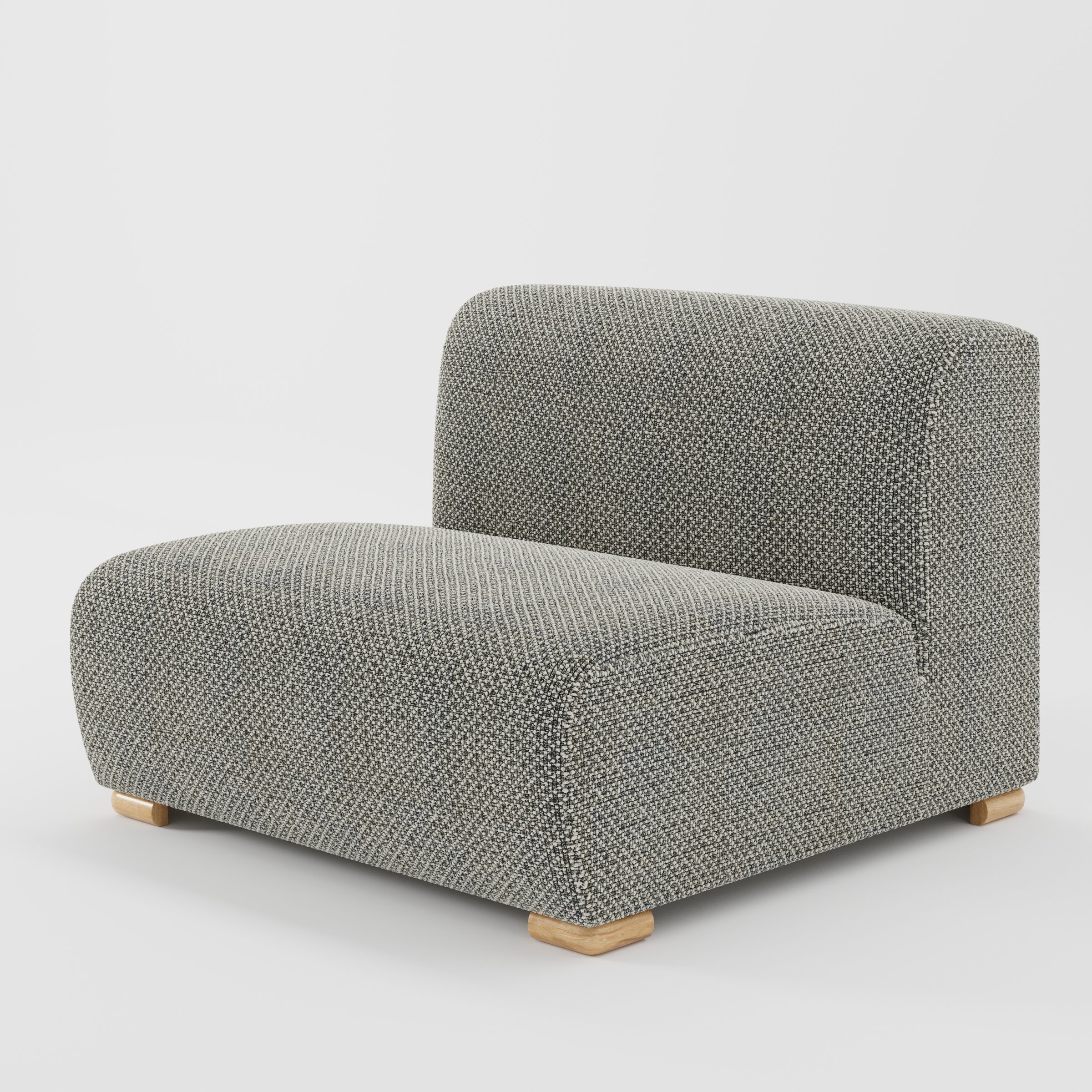 Tay single sofa unit in Rousay Wool Blend Tar and Chalk shown at a diagonal angle highlighting its soft rounded edges and compact, armless form.