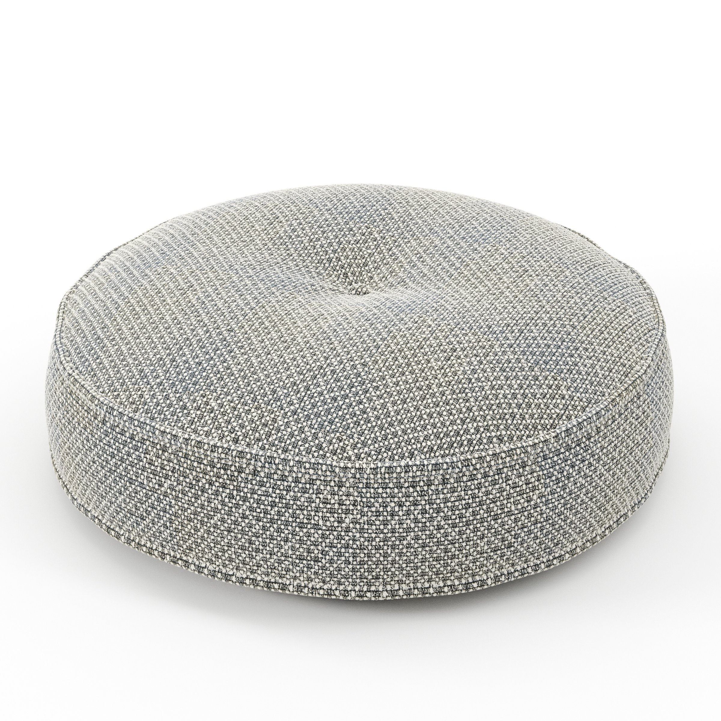 Cove cushion in Rousay Wool Blend Tar and Chalk, round tufted cushion with border and piping in speckled wool blend with contrasting tones and central tuft, size 50cm x 8.75cm