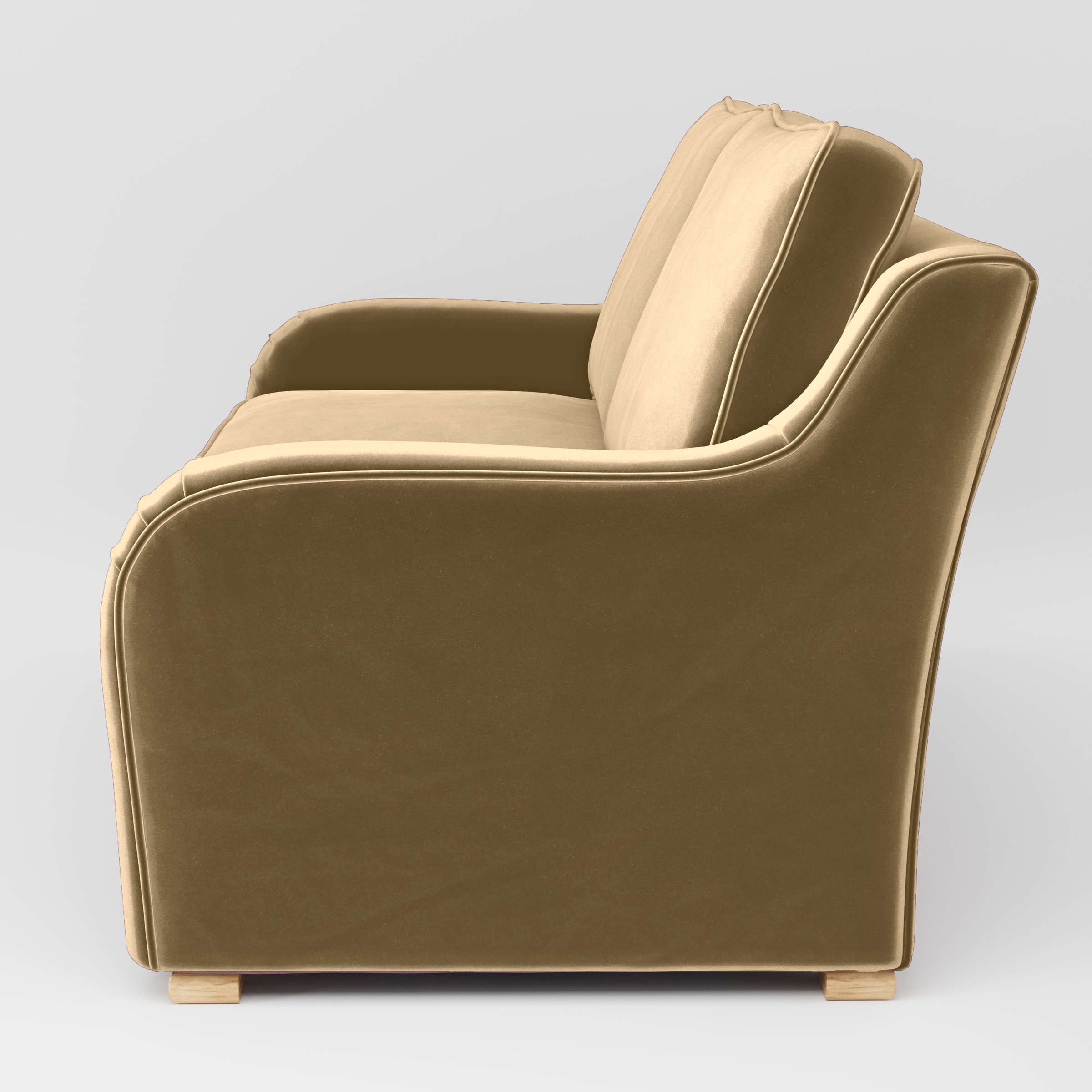 Side view of the Cashel sofa upholstered in Plush EasyClean Velvet in Cafe.