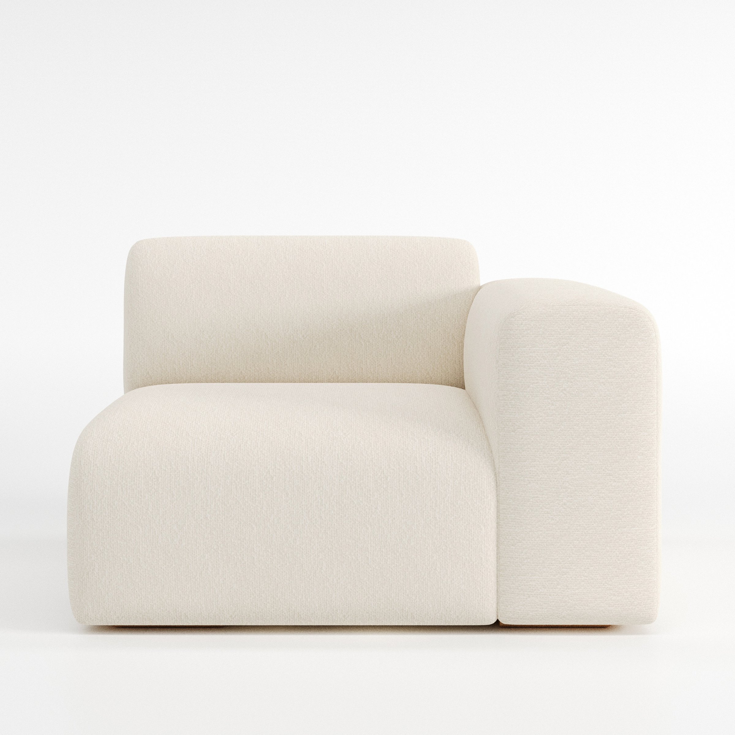 Drumquin modular sofa right side unit in Kilda Bouclé Cream shown from the front with a low, deep seat and a rounded right armrest.