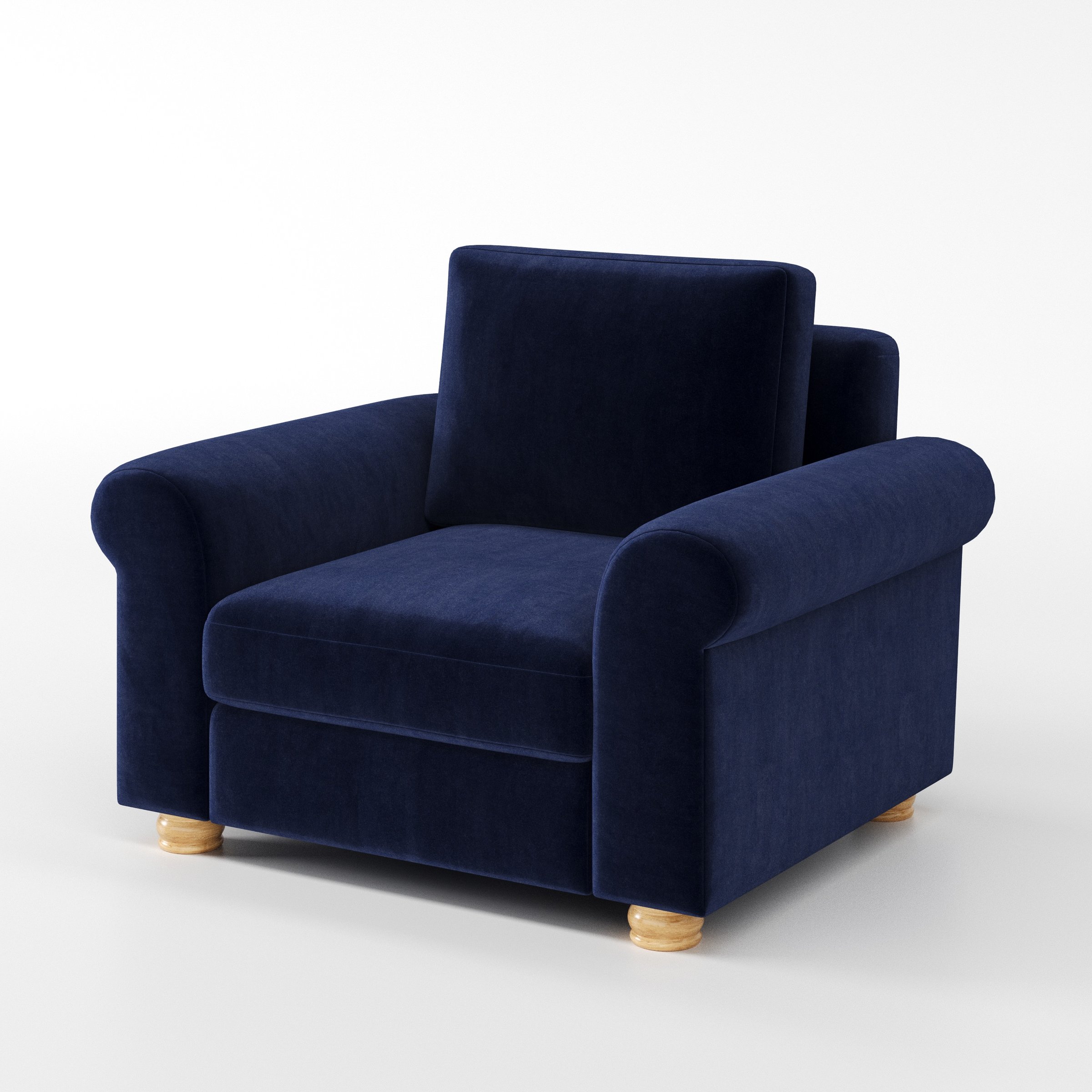Anna Lee armchair in Noss Velvet Navy shown at a diagonal angle highlighting arms and seat depth.