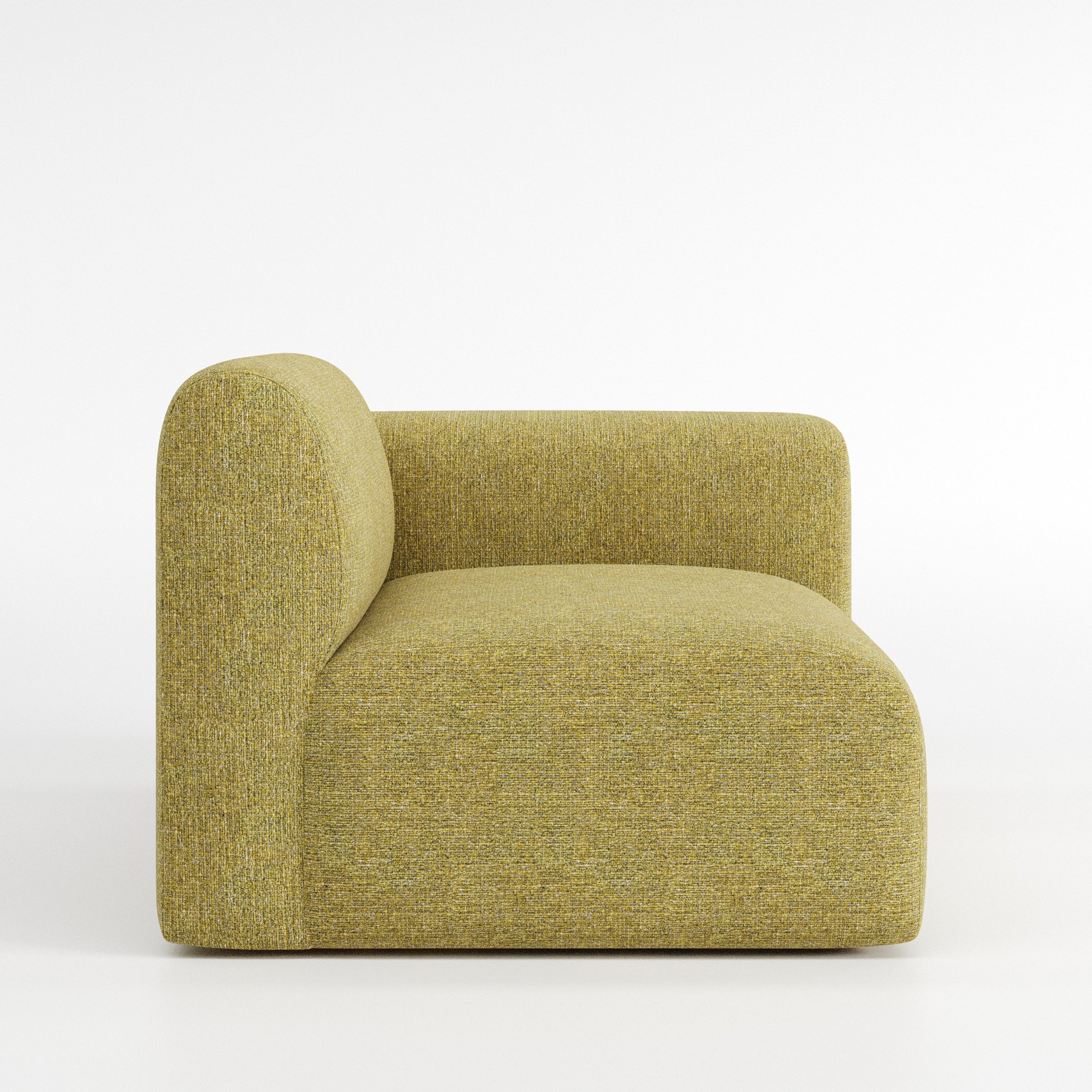 Drumquin modular sofa right side unit in Heyling Tweed Sencha shown from the side showing the rounded right armrest and deep seat profile.