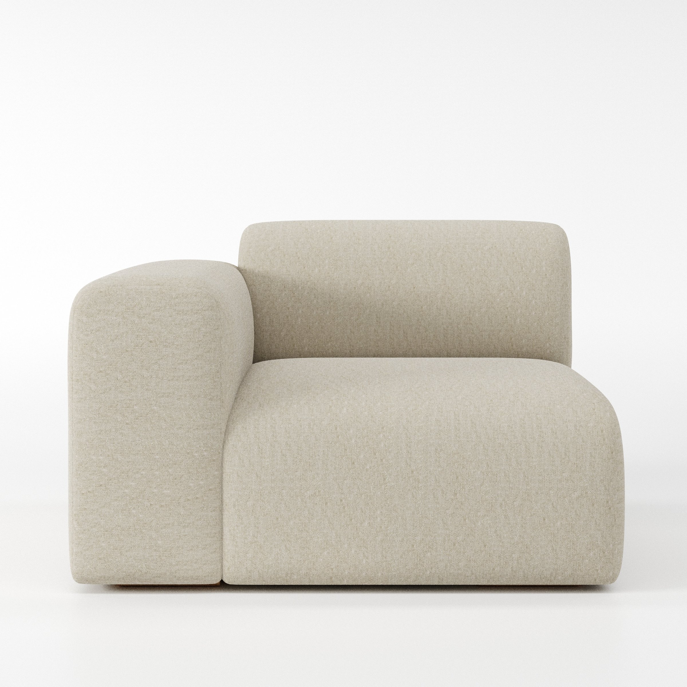 Drumquin modular sofa left side unit in Alderney Linen Oatmeal shown from the front with a low, deep seat and a rounded left armrest.