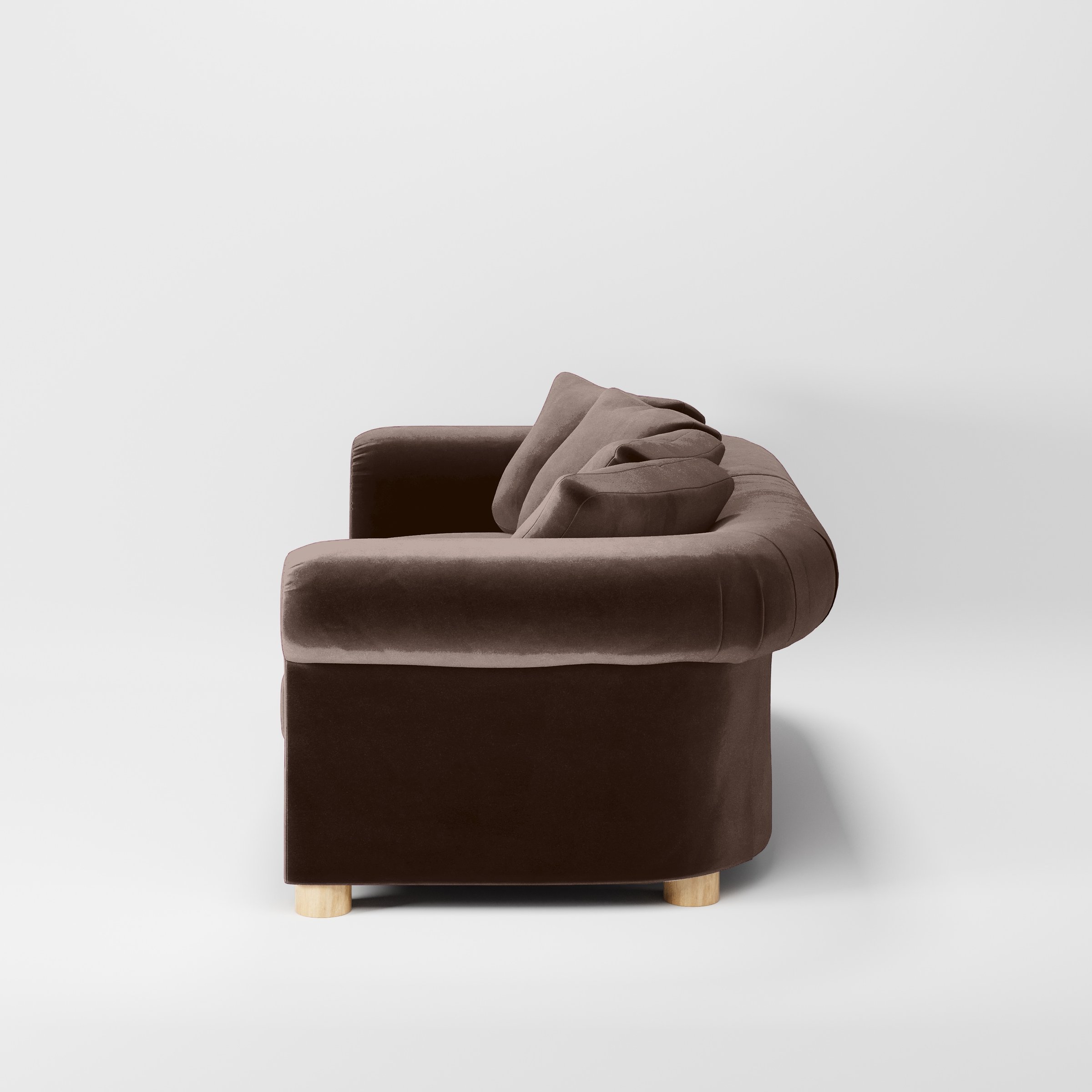 Side view of the Windermere sofa upholstered in Plush EasyClean Velvet in Mole.