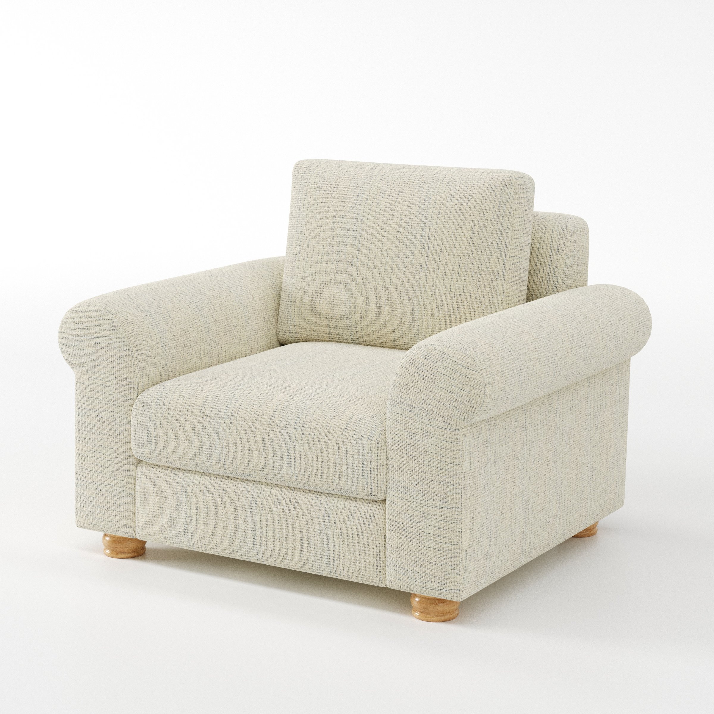 Anna Lee armchair in Orsay Boucle Cream and Marine shown at a diagonal angle highlighting arms and seat depth.