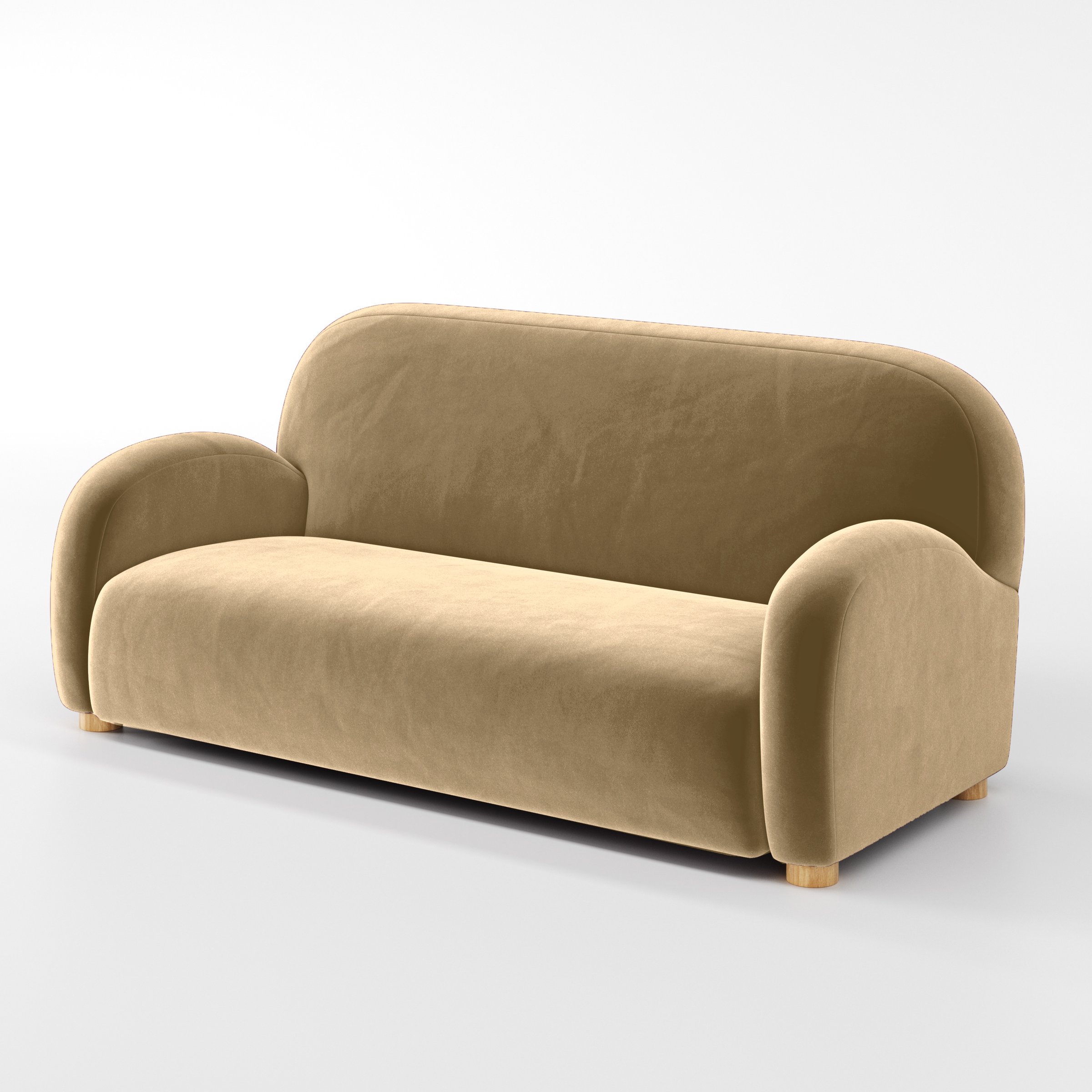 Diagonal view of the Awe sofa upholstered in Plush EasyClean Velvet in Cafe.