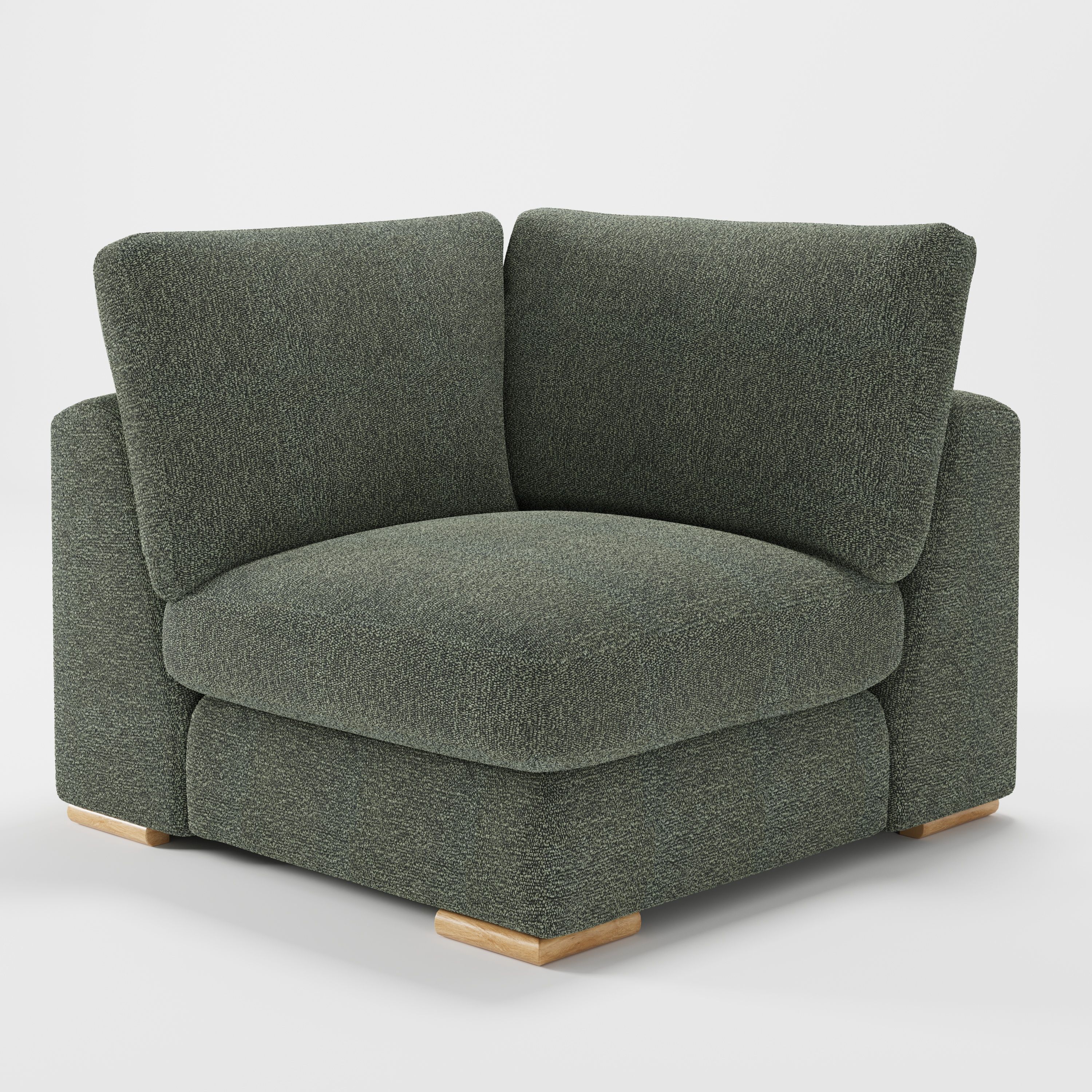 Olton corner unit in Kilda bouclé moss fabric, diagonal view highlighting soft structure and textured surface