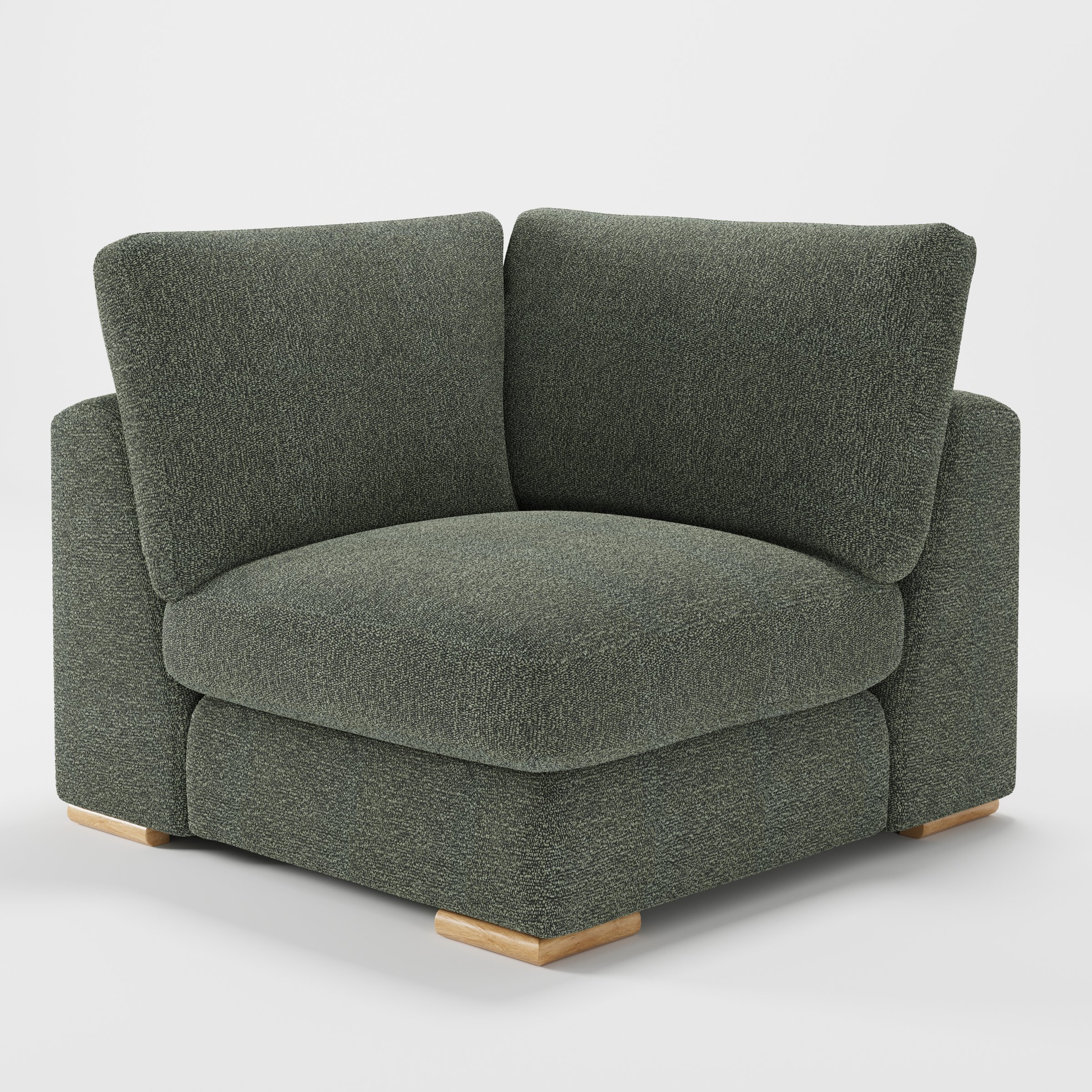 Olton corner unit in Kilda bouclé moss fabric, diagonal view highlighting soft structure and textured surface